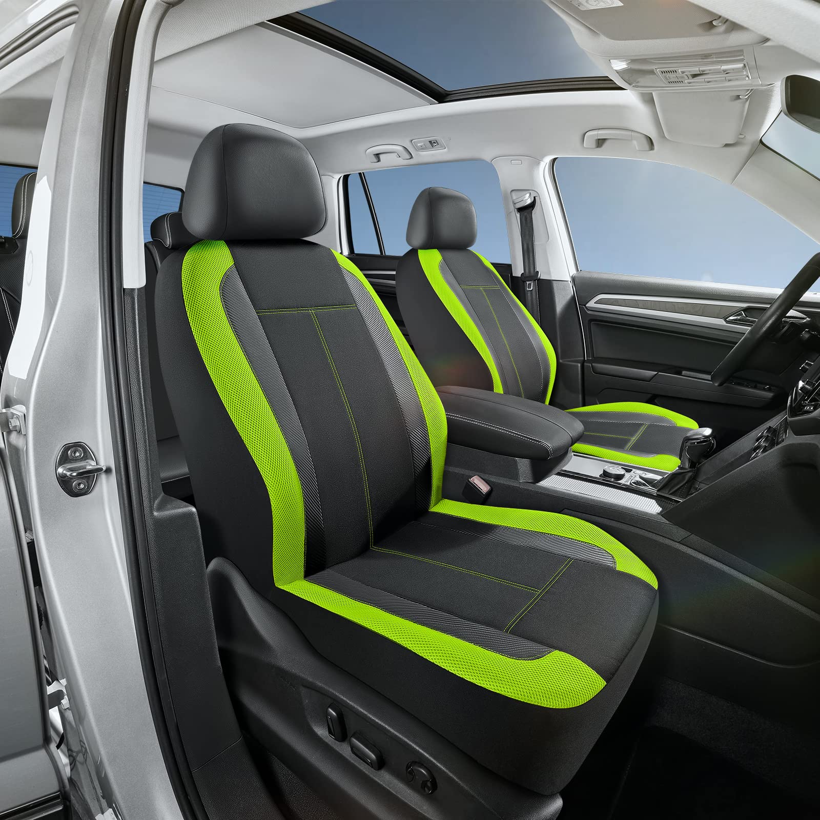 PIC AUTO Low Back Front Car Seat Covers - Sports Carbon Fiber Mesh Design, Two Front Set, Airbag Compatible, Universal Fit for M