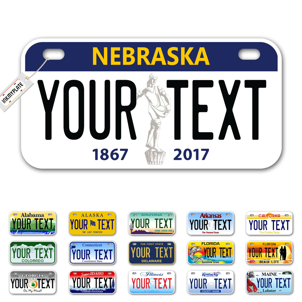 Inkmyplate Personalized Nebraska Small License Plate | Bike 6X3 Inch | Select From All 50 States | 3 Sizes | Custom License Plat