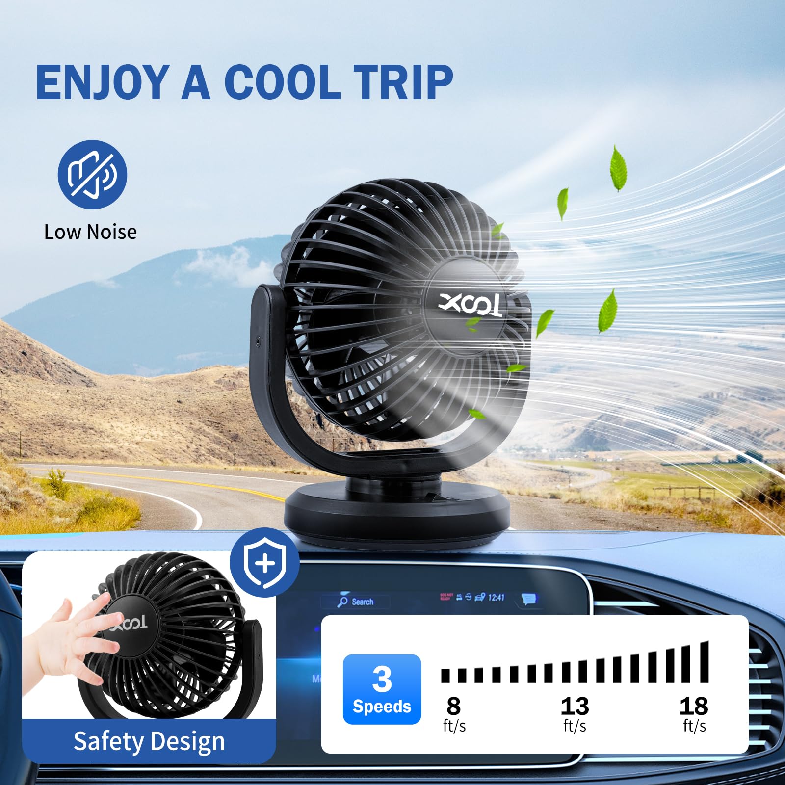 Xool 12V Car Fans, 4 '' Electric Car Cooling Air Fan Powerful Single Car Fan Cigarette Lighter Low Noise 360 Degree Rotatable Fo