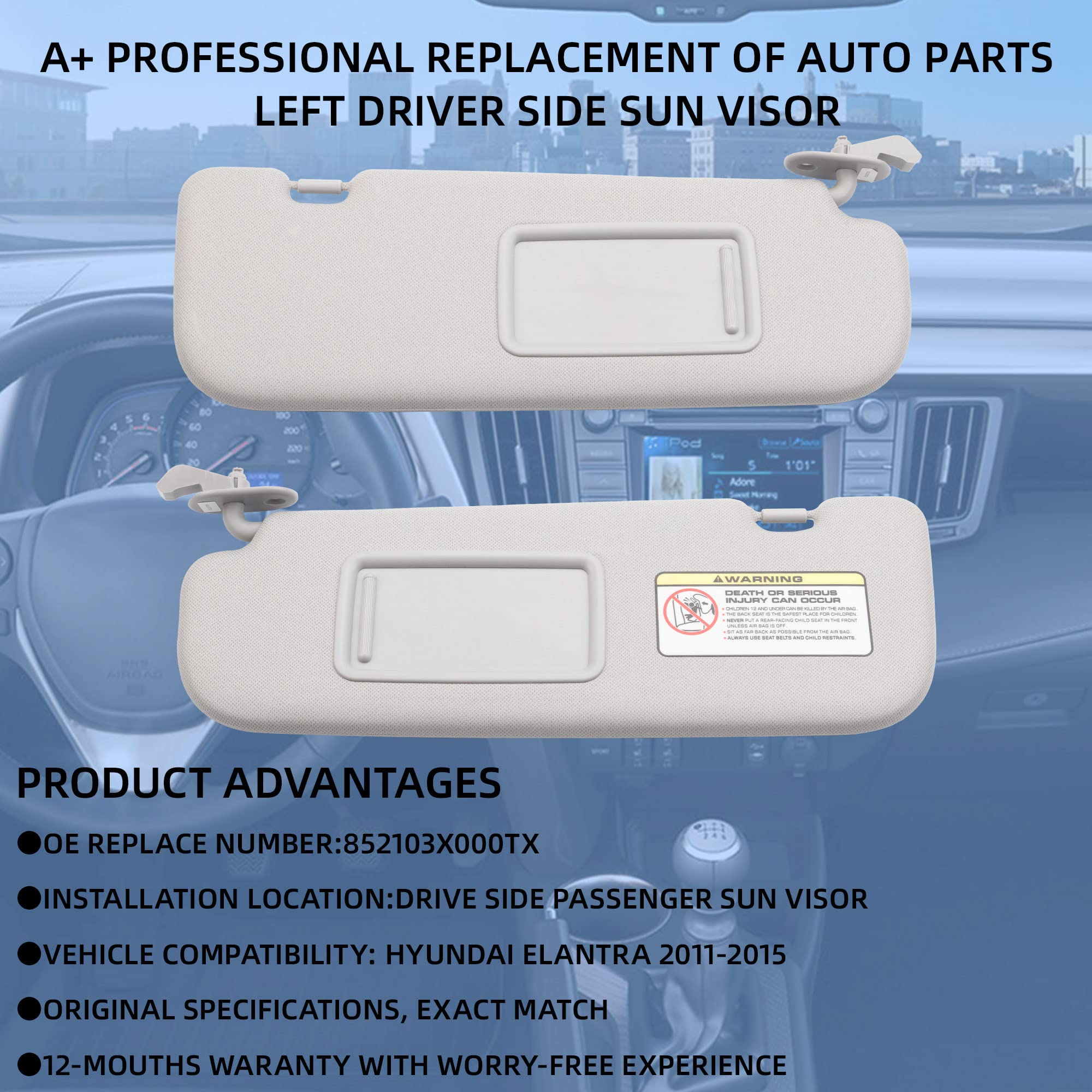 Dasbecan Gray Pair Sun Visor Compatible With Hyundai Elantra 2011 2012 2013 2014 2015 Replaces# 852103X000Tx
