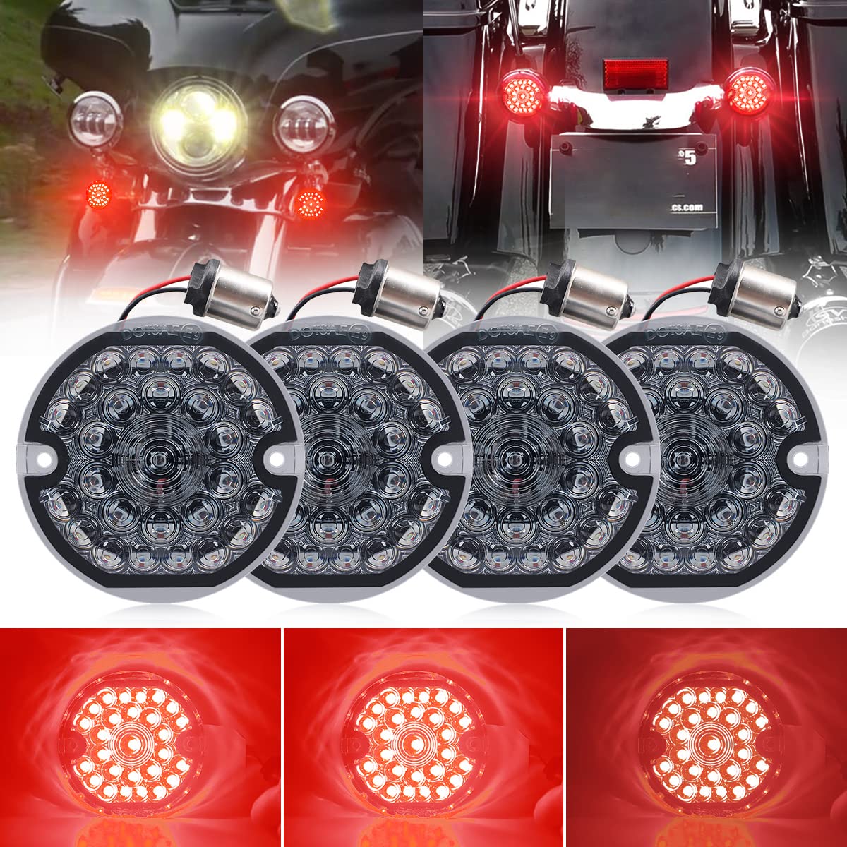 3-1/4 Inch Led Turn Signal Kit 1157 Double Base Dark Red/Bright Red Front Turn Signal + 1156 Single Connector Red Rear Signal Li