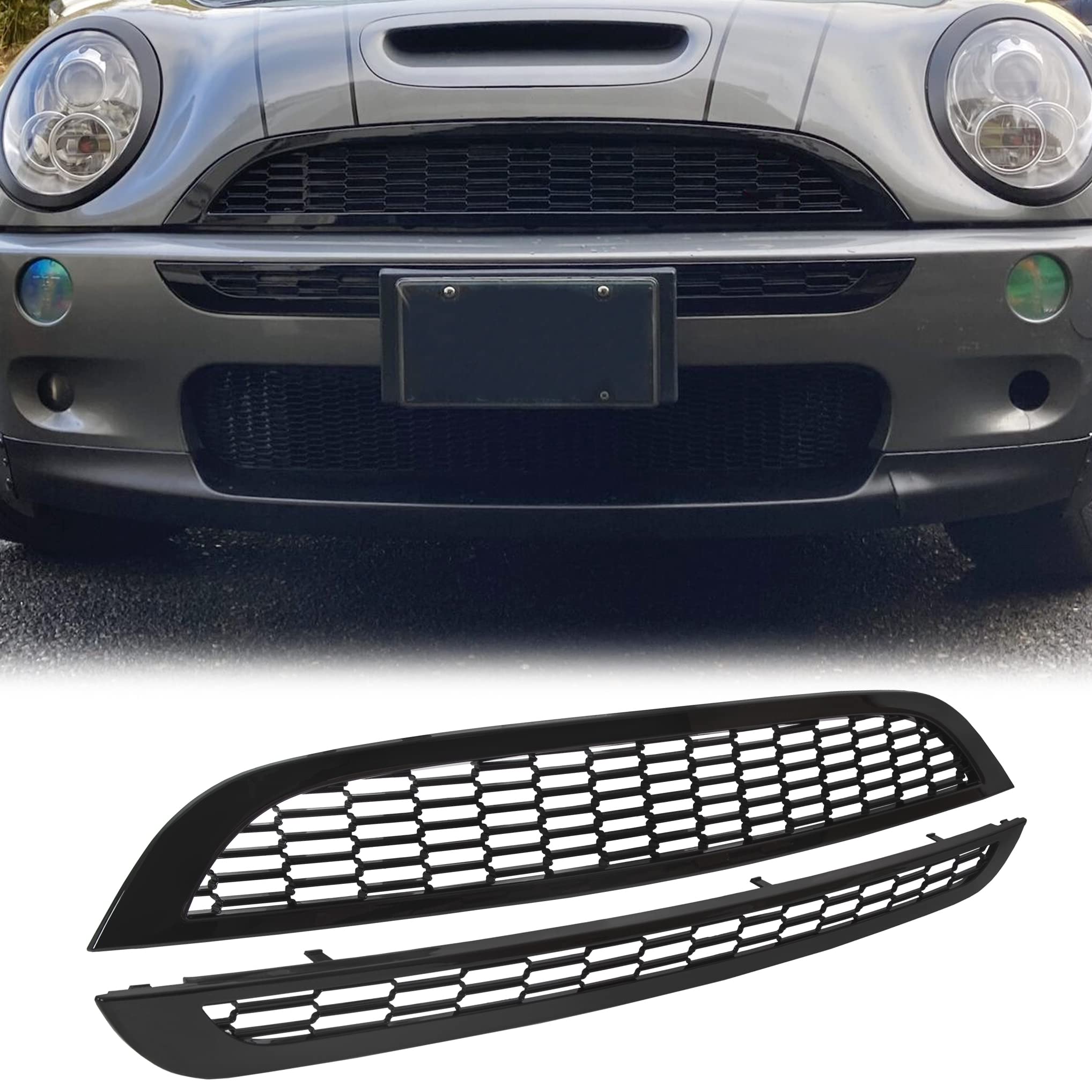 Ecotric Front Upper & Lower Grill Compatible With 2002-2006 Mini Cooper R50 R52 R53 Bumper Hood Honeycomb Mesh Grille Glossy Black 2Pcs