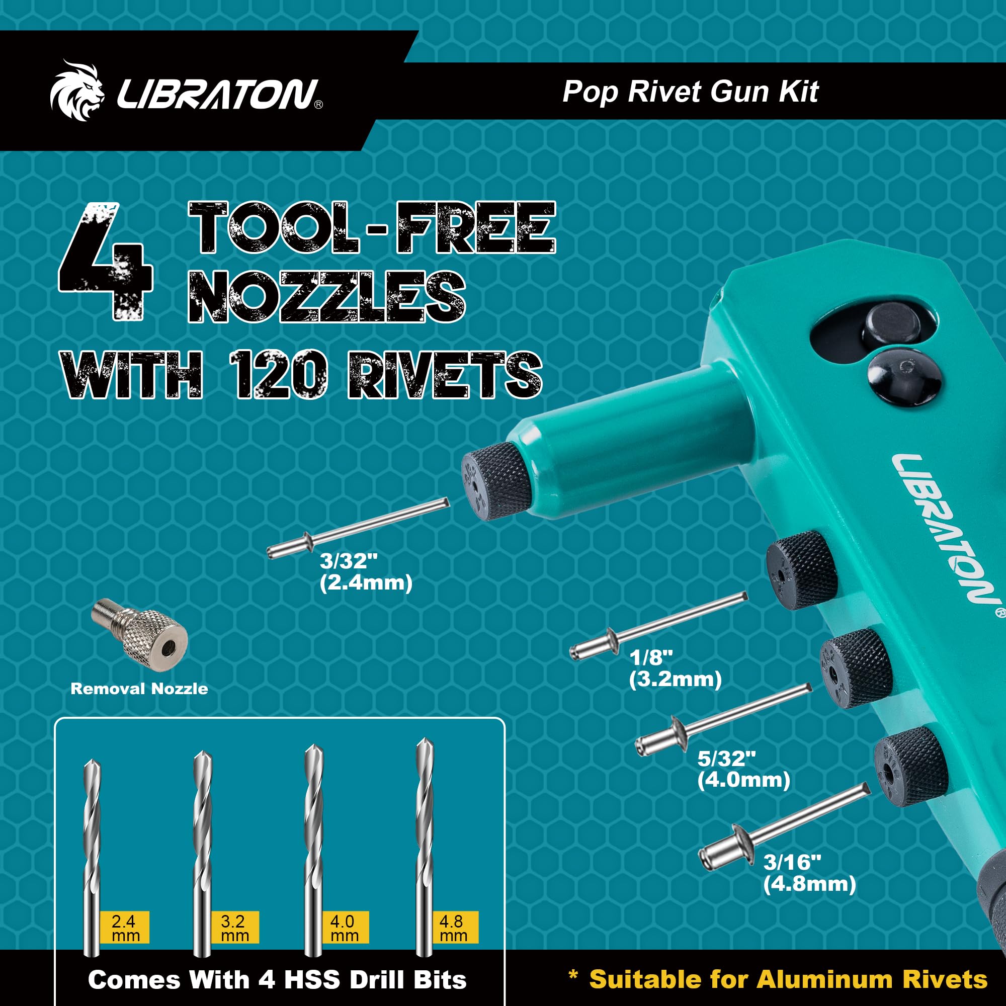 Libraton Rivet Gun Kit, Pop Rivet Gun, Heavy Duty Rivet Tool, Professional Hand Riveter, Manual Riveting Tool With 120 Blind Riv