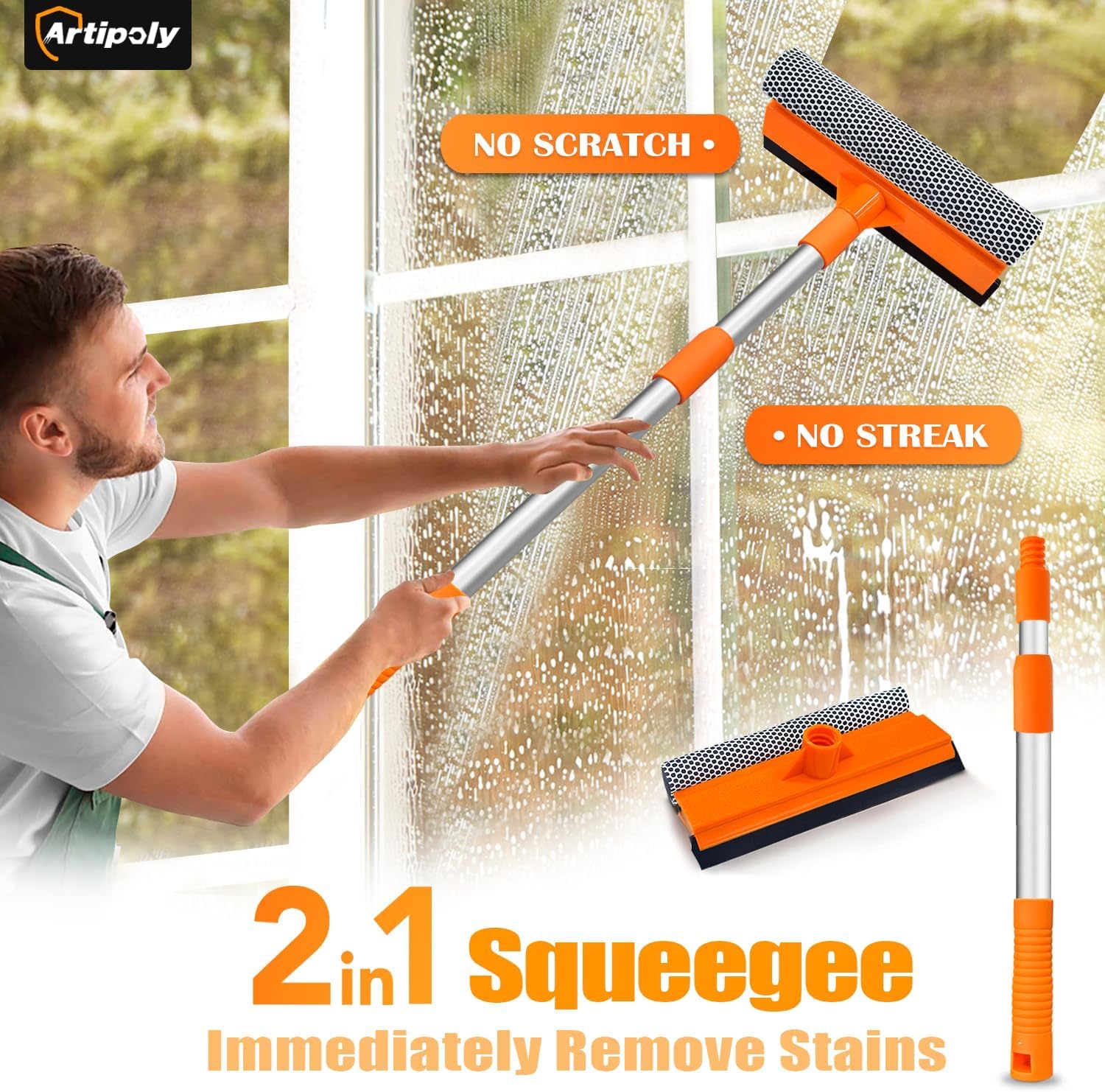 ARTIPOLY Squeegee for Window | 2-in-1 Window Cleaner Sponge and Soft Rubber Strip with Telescopic Extension Pole 18   -29    | W