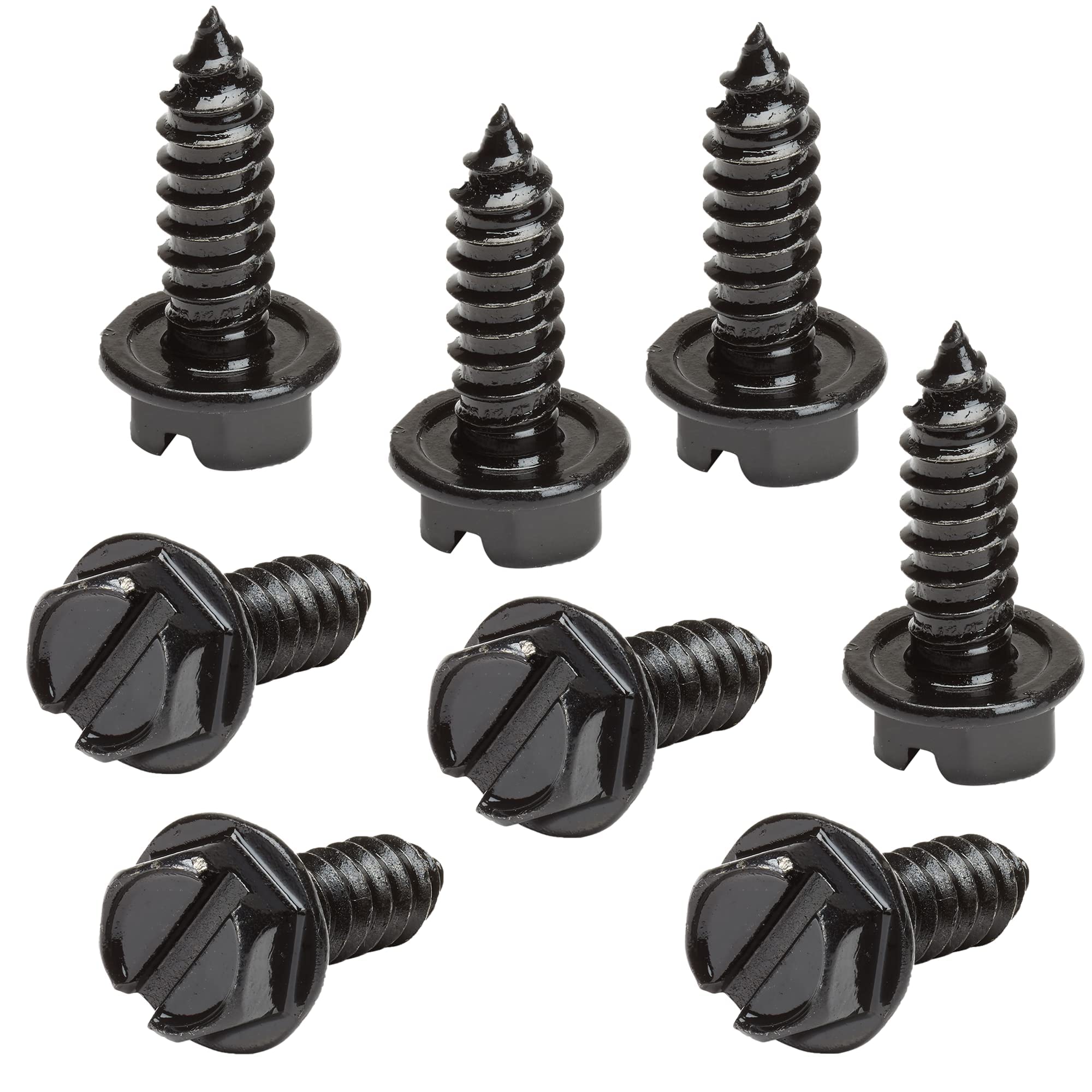Black License Plate Screws Kit - Set Of 8 Fasteners For Front And Back License Plates And License Plate Frames Or Covers On Domestic Cars, Trucks, Suvs - Rustproof, Self Tapping Mounting Bolts (Black)