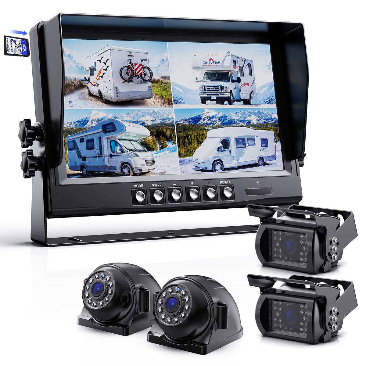 Erapta 1080P Wired Backup Camera System Kit,9'' Hd Dvr Monitor With Ip69 Waterproof Reverse/Side View Camera For Rv Truck/Semi B
