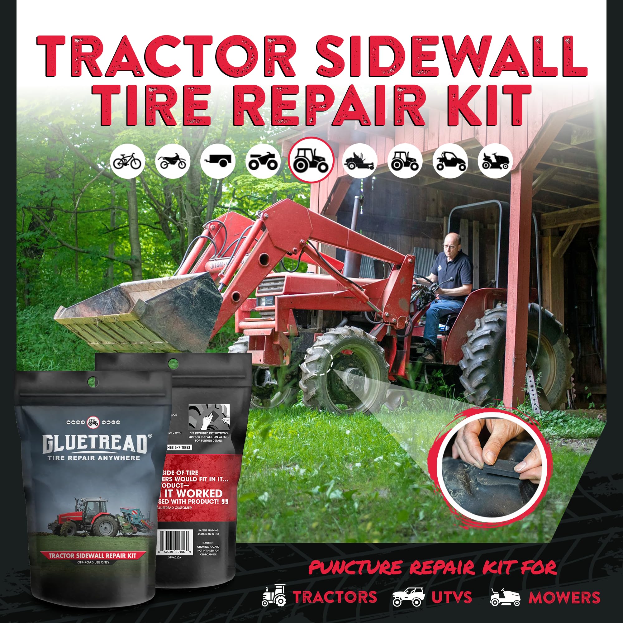 GlueTread Tractor Sidewall Tire Repair Kit | Off-Road Puncture Repair Anywhere No Need to Remove Tire | Enough Material to Patch