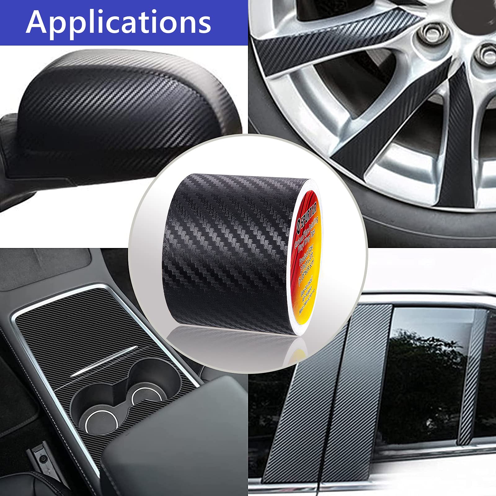 Spurtar Carbon Fiber Wrap Black Vinyl Wrap For Cars, 2 Inch X 20 Ft Universal Chrome Delete Dry Carbon Fiber Tape Car Door Edge