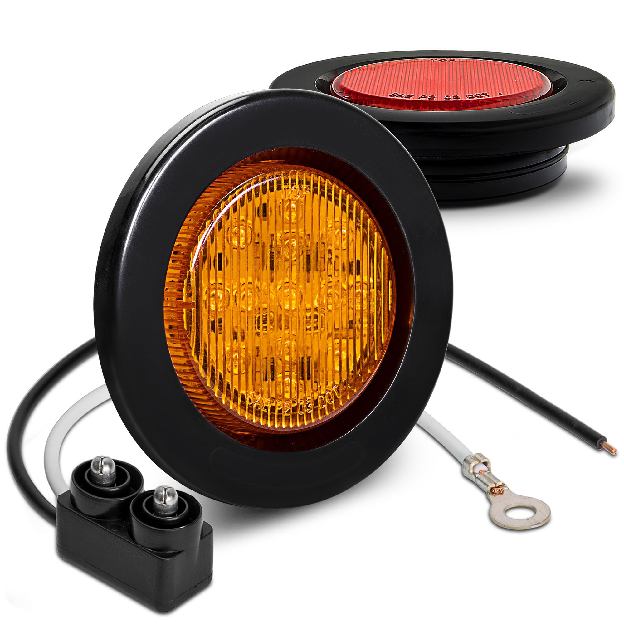 True Mods 2Pc 2.5'' 12V Amber + Red Round Led Clearance Side Marker Light Kit [Dot Approved] [Reflector Lens] [Grommet & Plugs]