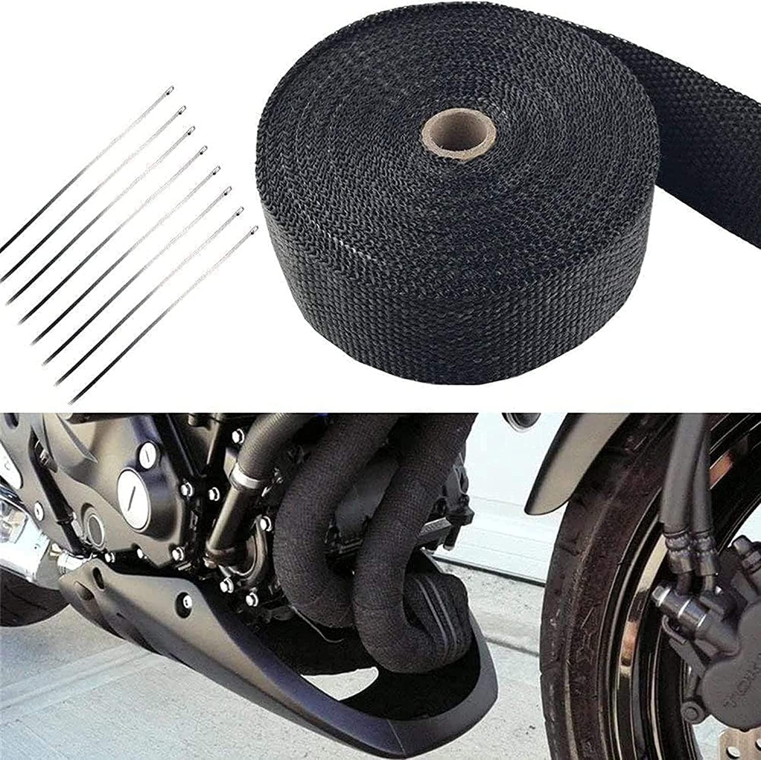 Black Exhaust Heat Wrap, Foneso 2 ' ' x 33 ' Exhaust Header Wrap Tape Fiberglass Heat Shield Tape with 10pcs Stainless Steel Tie