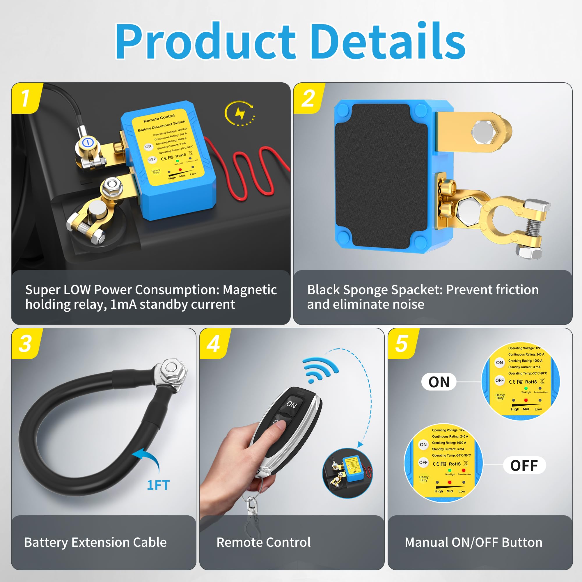 Joinfworld Kill Switch for Car 12V 240A Remote Battery Disconnect Switch Car Anti Theft Kill Switch Automatic Battery Shut Off S
