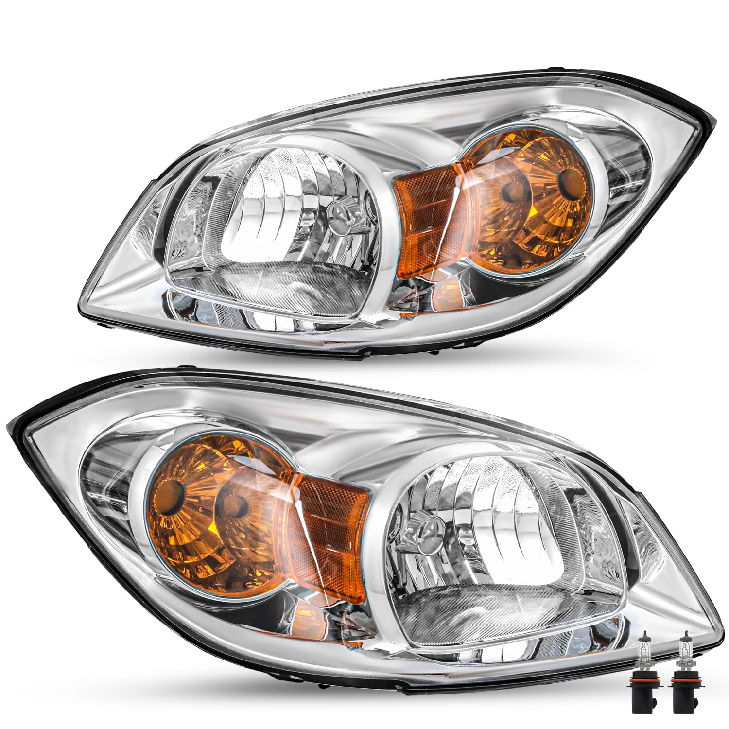 Jsboyat Headlight Assembly W/Bulbs Fit For 2005-2010 Chevy Cobalt 2007-2010 Pontiac G5 2005-2006 Pursuit Passenger And Driver Side, Chrome Housing & Amber Reflector