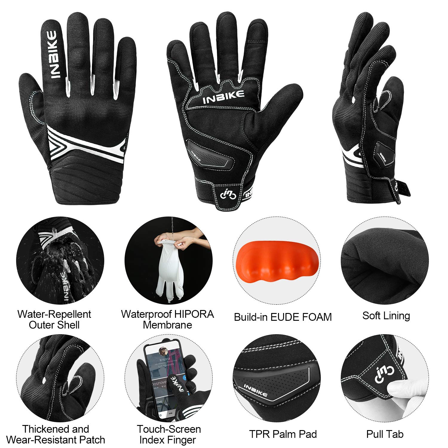 Inbike Waterproof Winter Motorcycle Gloves Thermal Fleece Touchscreen With Tpr Palm Pad Cushioning Hard Knuckle White Xx-Large