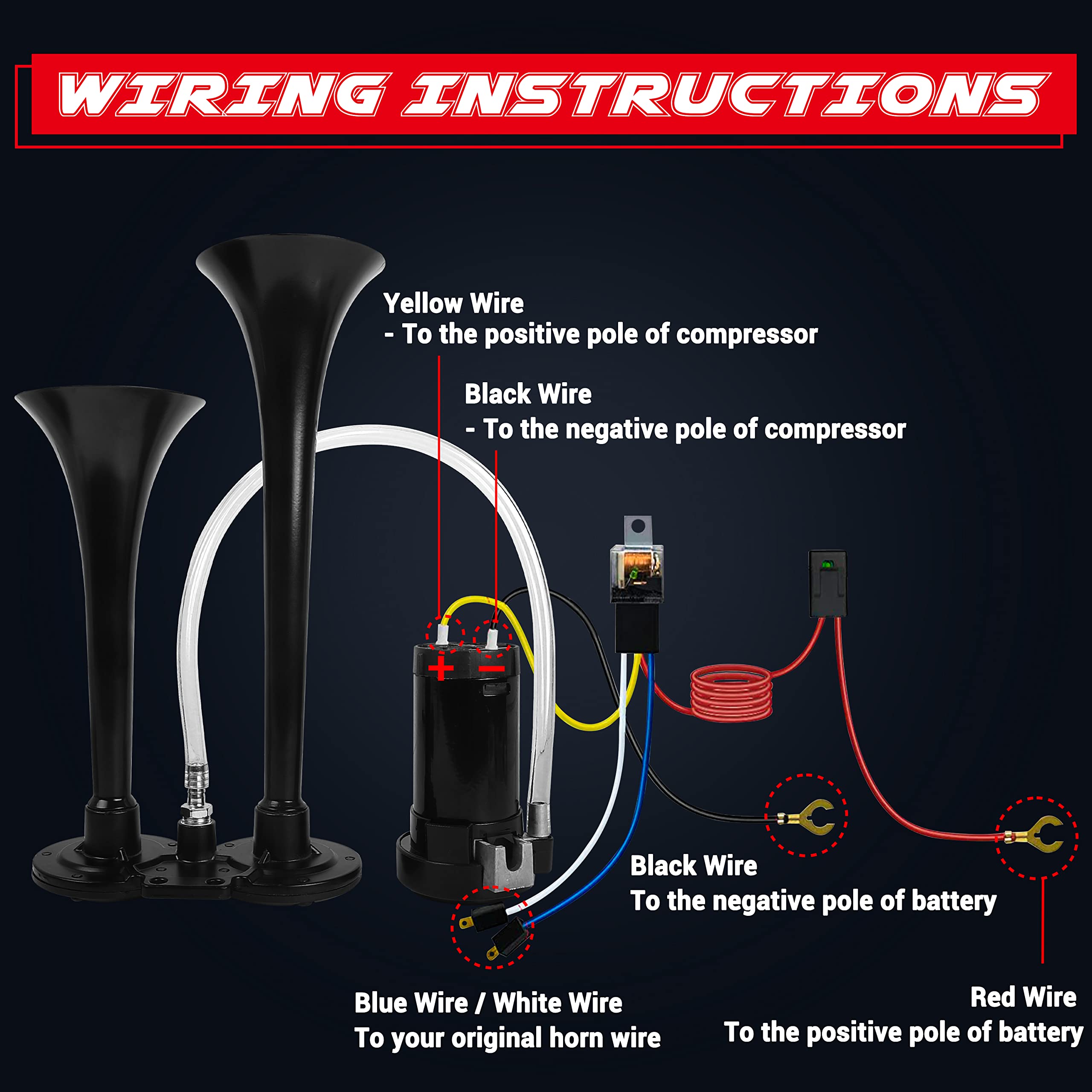 Carfka Air Horn For Truck Boats Car, 150Db Super Loud Train Horns Kit With 120 Psi Air Compressor (Black, Dual)