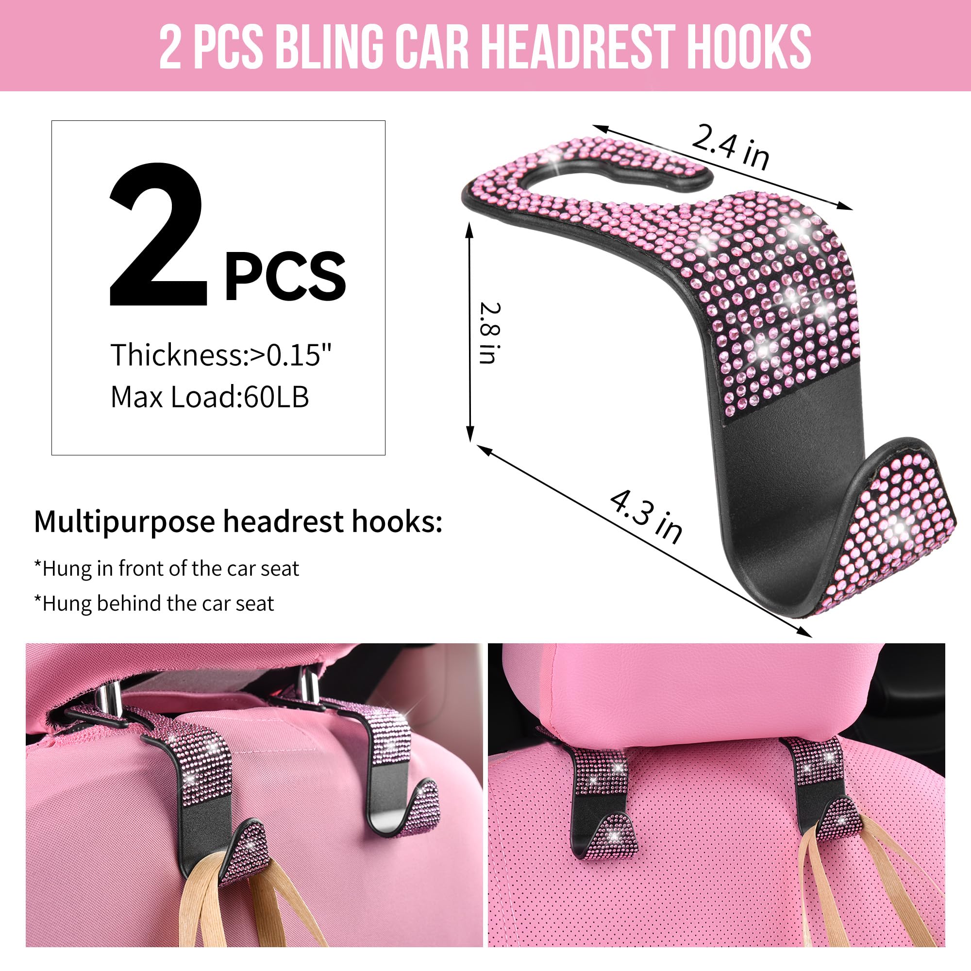 Car Pass 11 Pcs Bling Car Accessories Set For Women, Sparkly Rhinestone Diamond Steering Wheel Cover, Bling Seat Belt Cushion, S