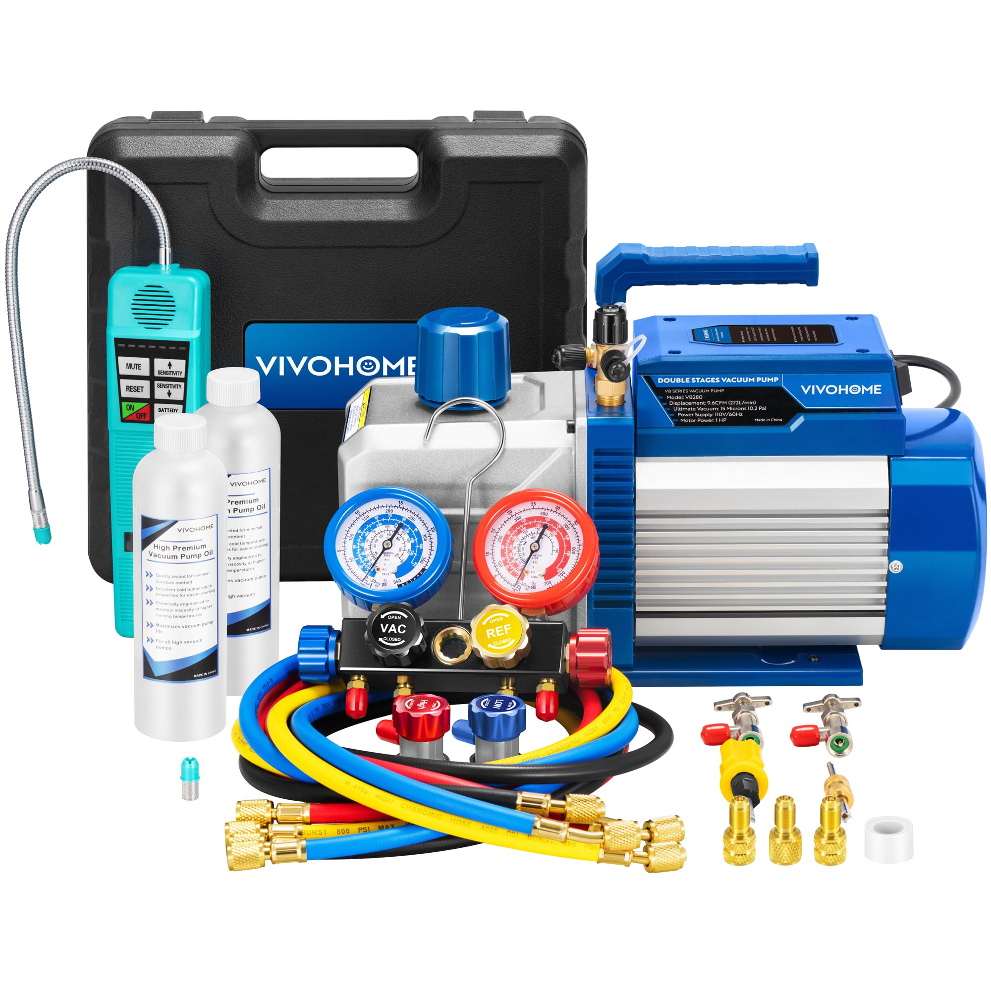 VIVOHOME 1 HP 9.6 CFM Dual Stage HVAC Vacuum Pump and 4 Way AC Manifold Gauge Set with Leak Detector 5ft Hoses & Accessories for