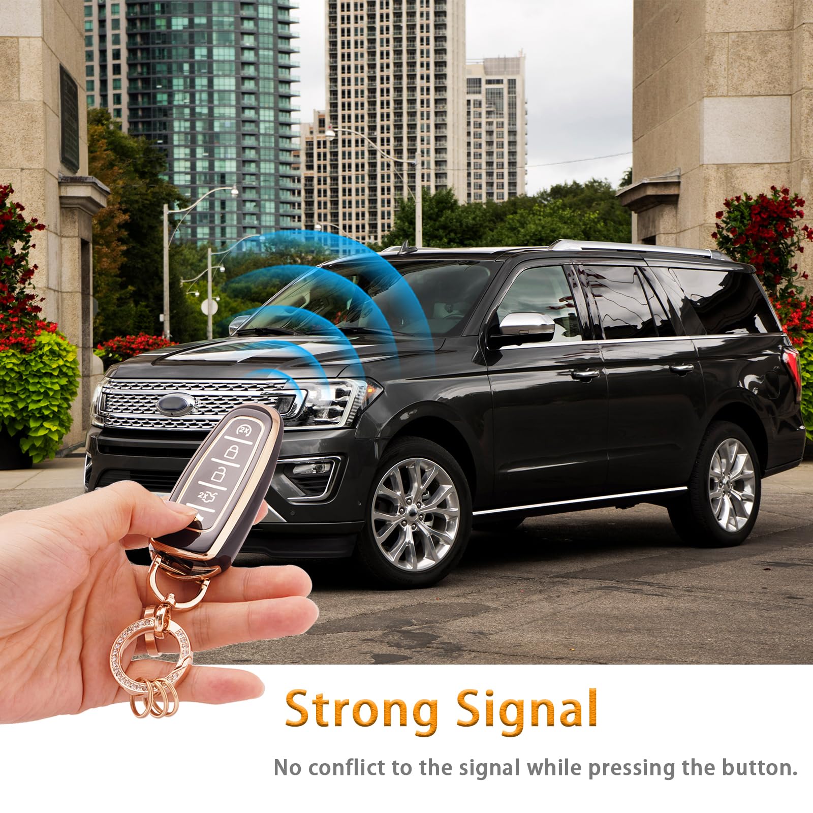 EKALA for Ford Key Fob Cover with Bling Keychain, 5 Buttons Soft TPU Keys Shells White Key Fob Cover Compatible with Ford Edge F