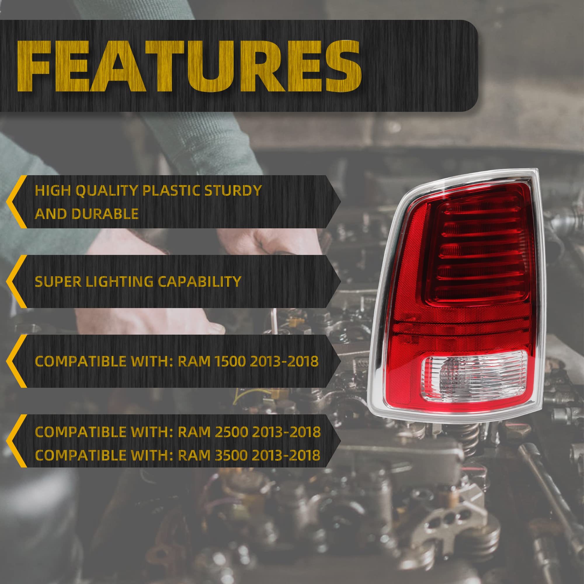 Dasbecan Tail Lights Assembly Driver Side With Red Led Bulbs Compatible With Dodge Ram 1500 2013-2018 Ram 2500 & 3500 2014-2018