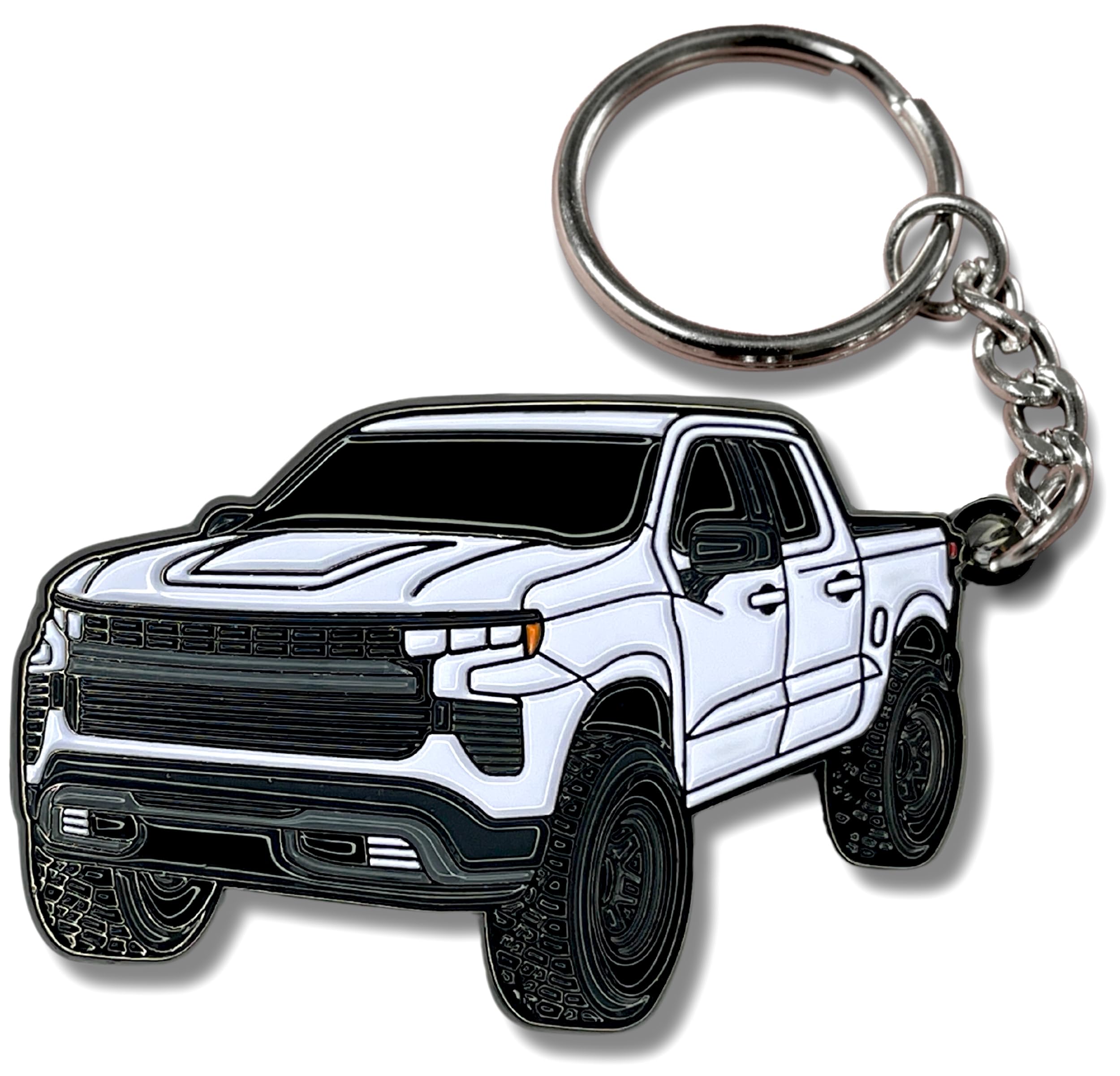 Four Wheel Beast Chevy Keychain Compatible With Chevy Silverado 1500 Accessories - Toy Truck Gifts Men Key Fob (White)