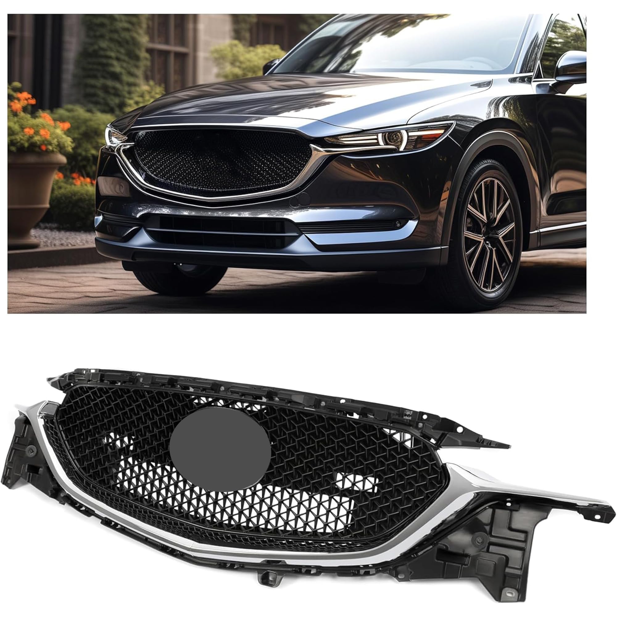 KUAFU Front Bumper Grille Grill Compatible with 2017-2021 Mazda CX-5 CX5 Replacement for KB8D-50-710J KB8D50710J With Chrome Mol