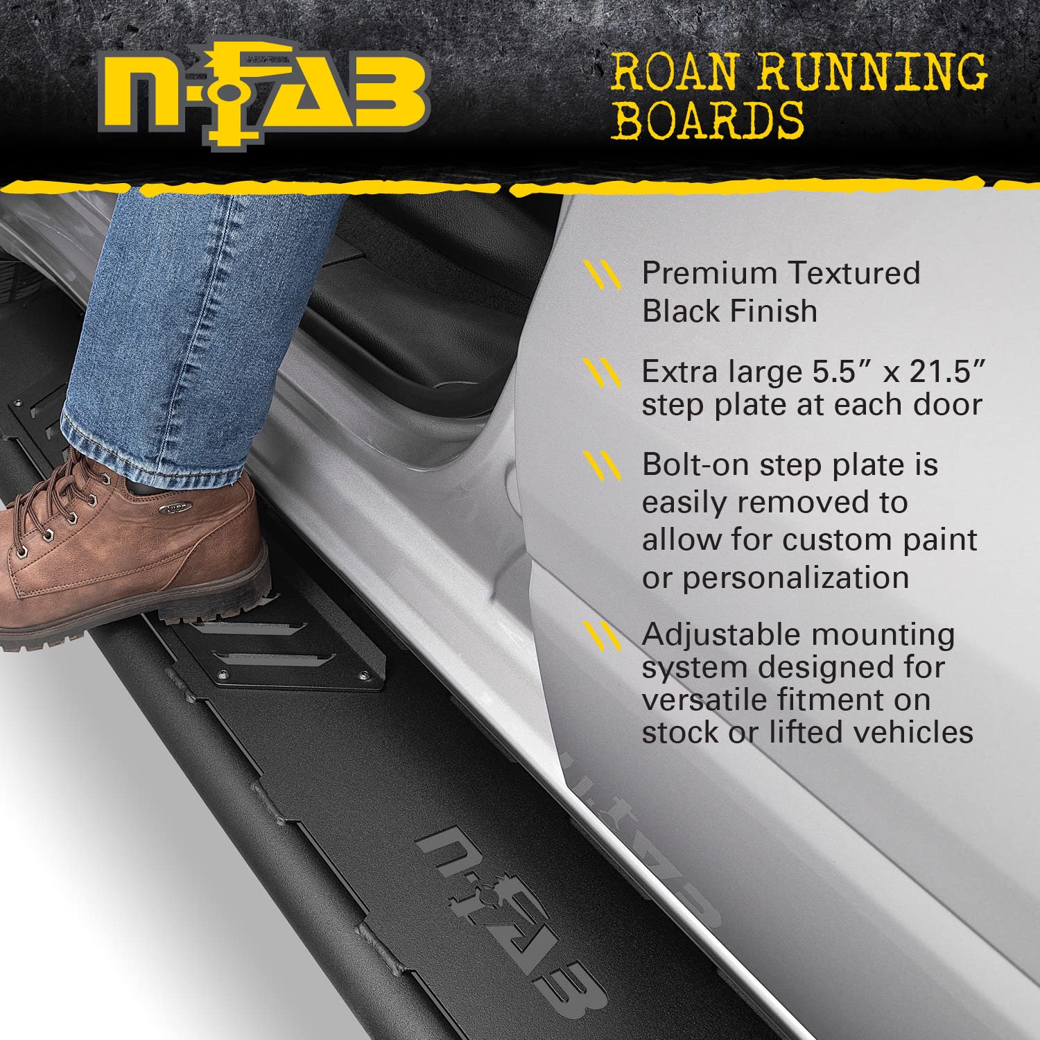 N-Fab Roan Running Boards For Silverado/Sierra | Cab Length, Extra Large 5.5'' Step Plate, Textured Black | Nbc07Cc-Tx | Fits 20