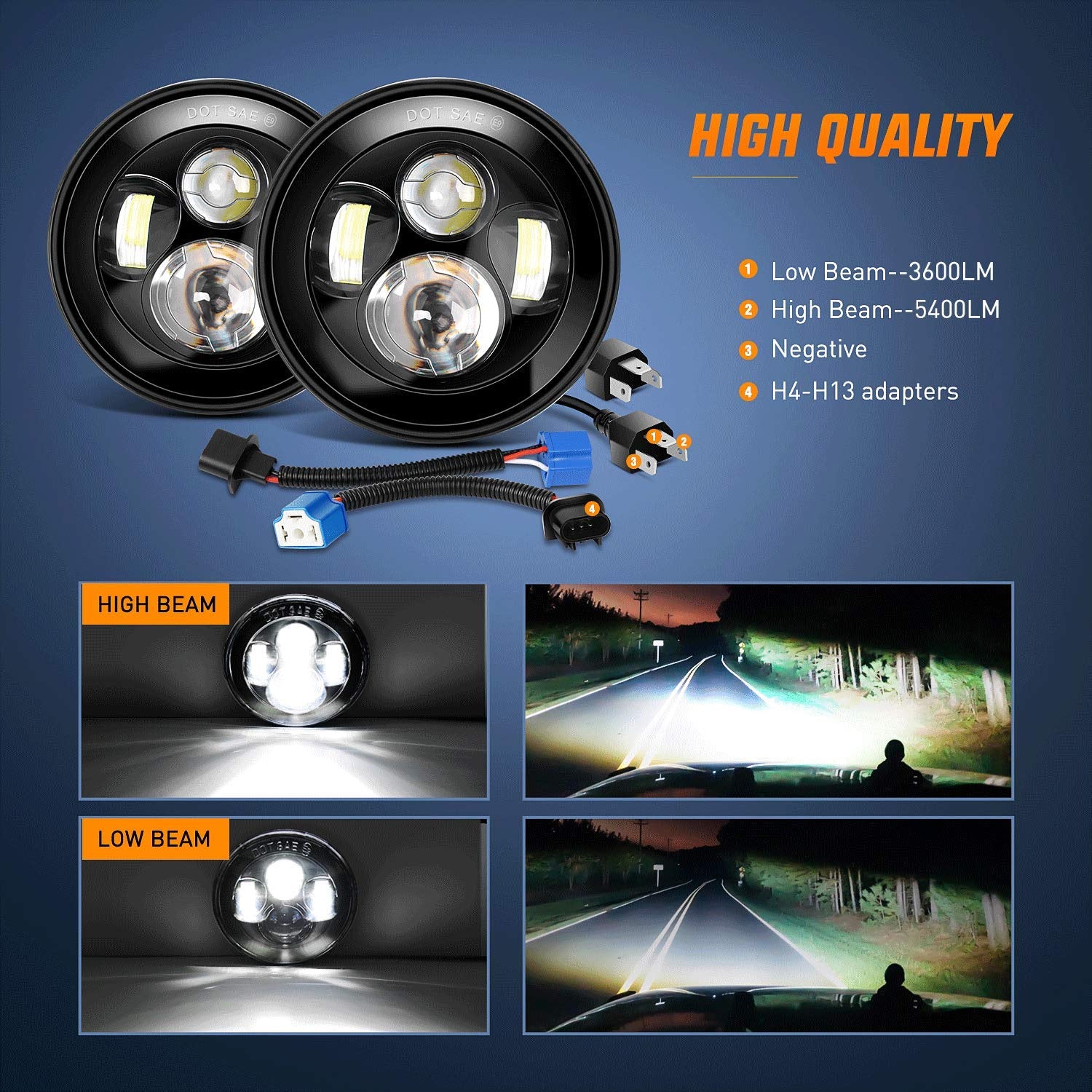 Nilight 2Pcs 7 Inch Round Cree Headlight High Low Beam For Wrangler Jk Tj Cj 1997-2017 Rubicon Sahara Hummber H1 H2 Motorbikes,