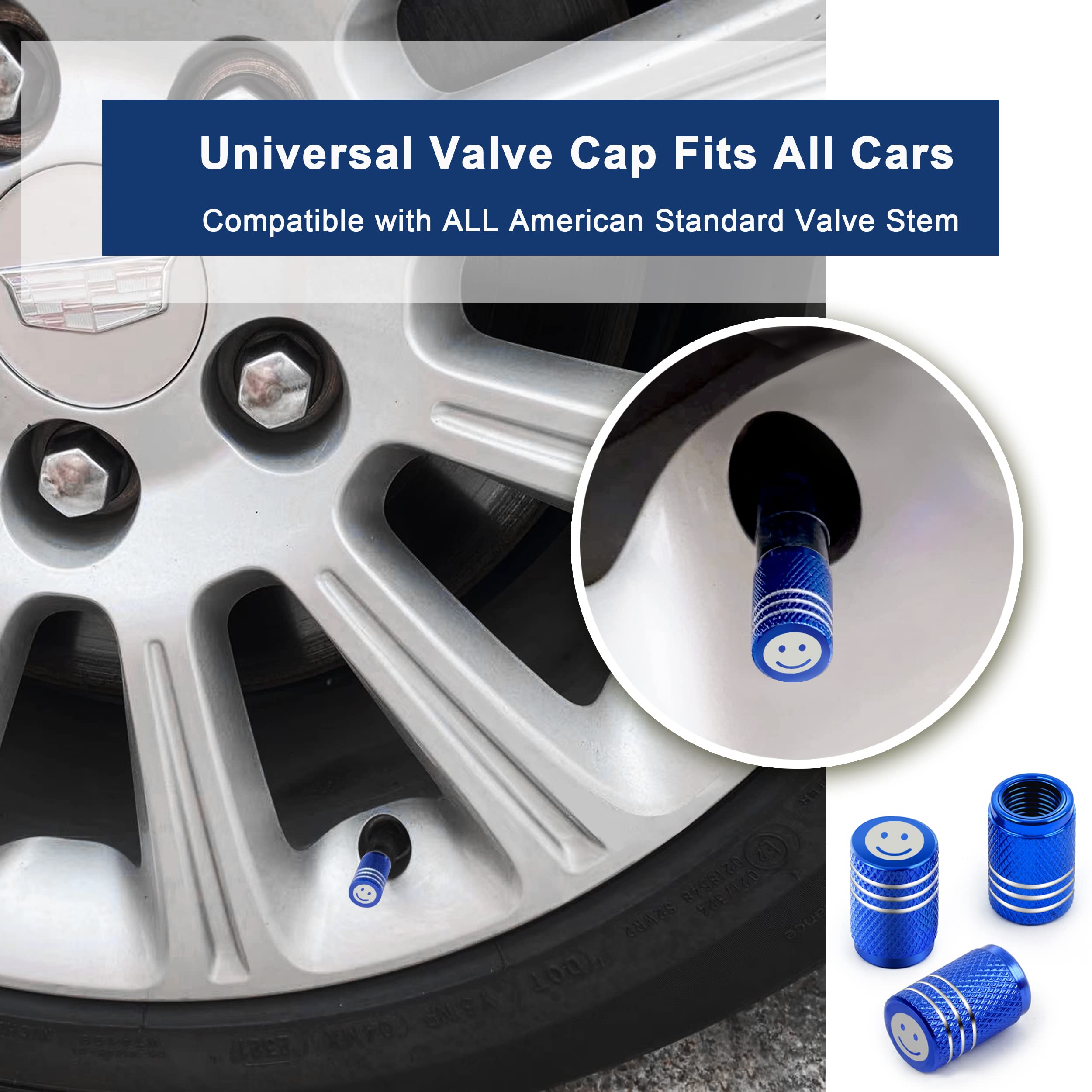 Tire Caps 4 Pack,Universal Tire Valve Caps,Tire Pressure Caps With O Rubber Ring,Corrosion Resistant Leak-Proof, Metal Air Valve Stem Caps For Cars Tires Suvs Bicycles Trucks Motorcycles Blue Smiley