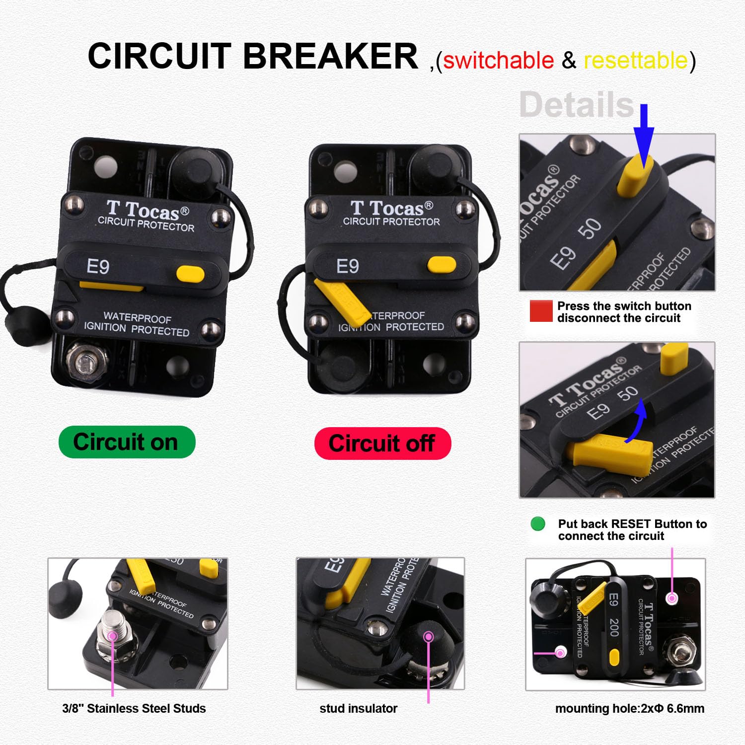 T Tocas Hi-Amp 3/8 Studs 250 Amp Circuit Breaker With Manual Reset Switchable For Boat Marine Car Audio Battery Solar System Ip6