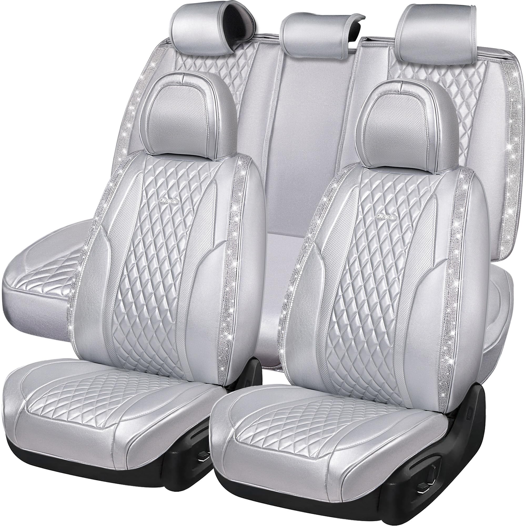 Car Pass Nappa Leather Car Seat Covers For Full Set Bling Silver Diamond Universal Luxury Cushion, Waterproof Anti-Slip Seat Pro