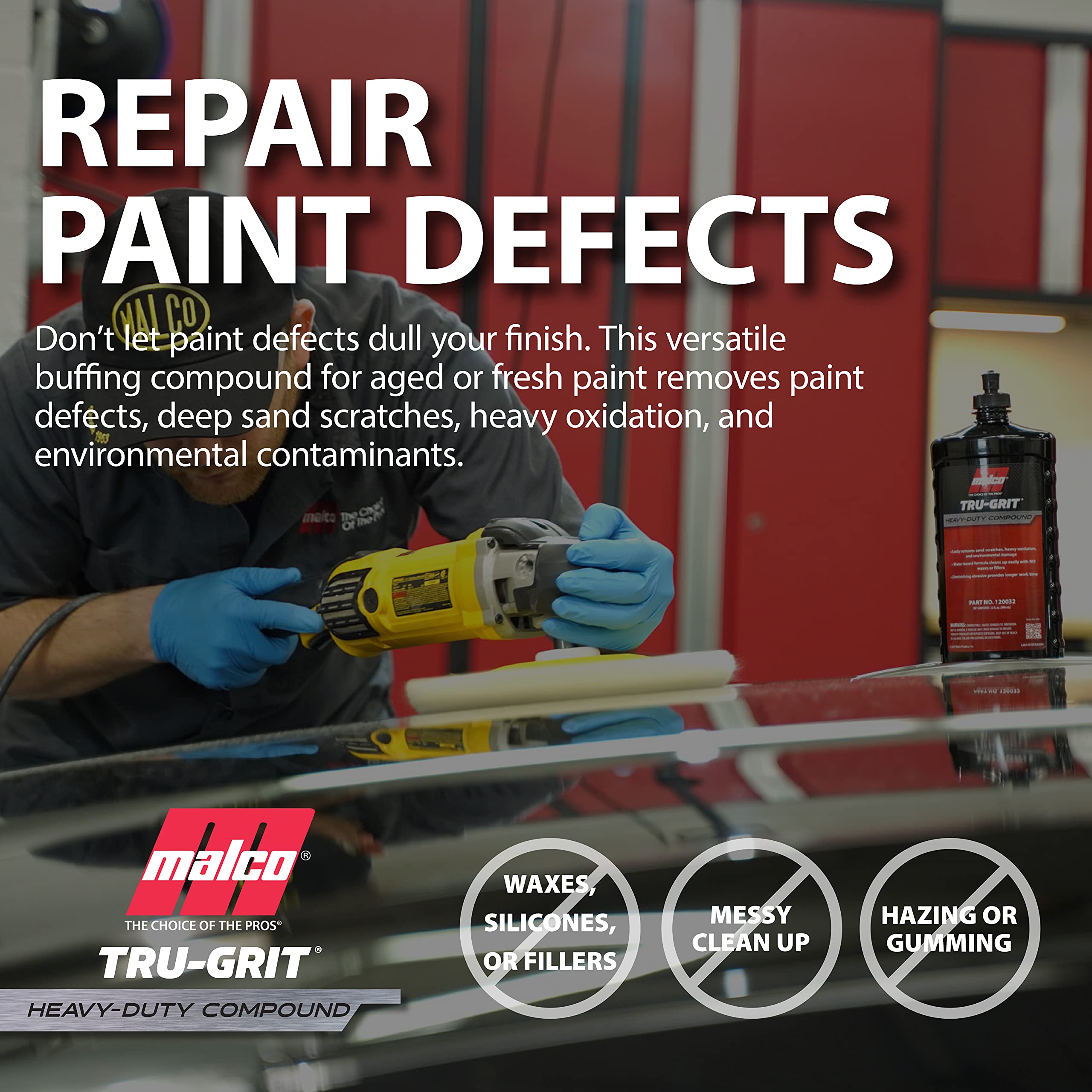 Malco Tru Grit Heavy Duty Buffing & Polishing Compound, 32 Oz - Automotive Paint Correction, Removes 1000-1500 Grit Scratches