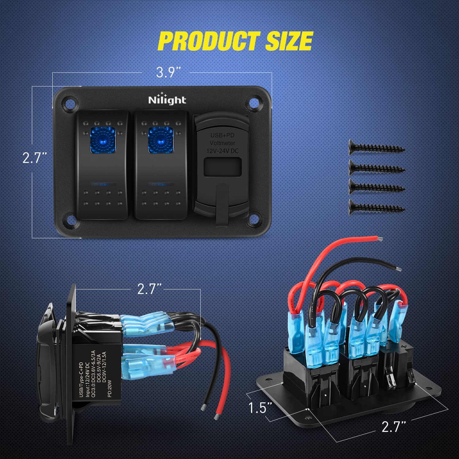 Nilight 2 Gang Rocker Switch Panel Blue Backlit With Pd Type C And Usb Charger Voltmeter Waterproof 12V 24V Dc Night Glow Sticke