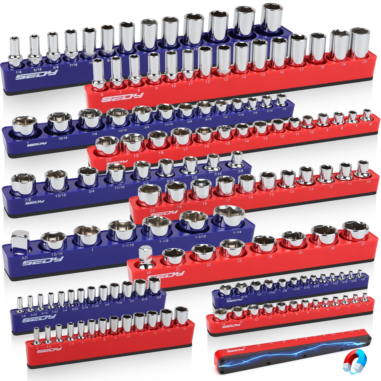 12-Piece 1/4 3/8 1/2-Drive SAE & Metric Magnetic Socket Organizer Set (Holds 143 Sockets) -Detachable Tool Tray with 5mm Magneti