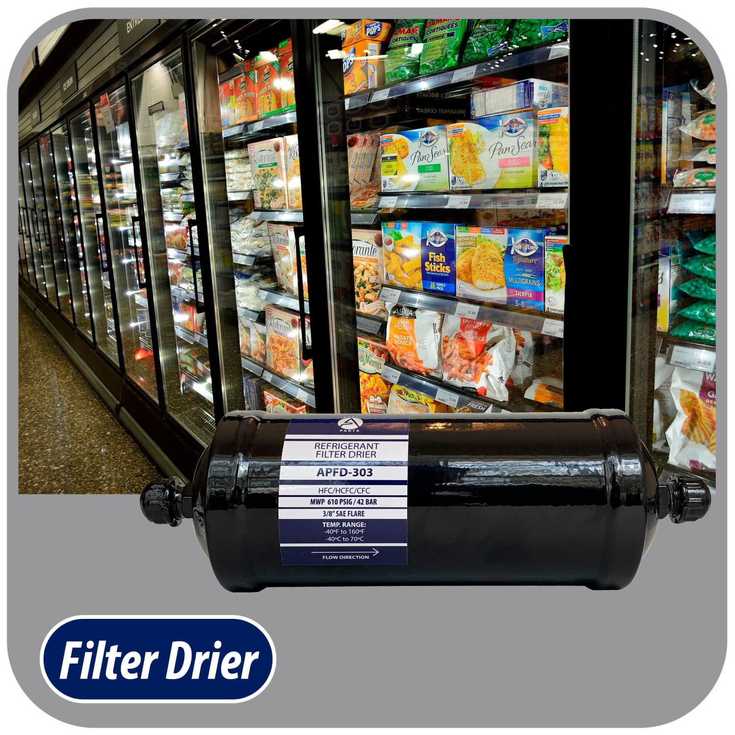 Appli Parts Apfd-303 3/8 In Liquid Line Refrigerant Ac Filter Drier Hvac Refrigeration 303 Sae Flare Connection Universal Unidirectional 10-1/2 In Long 3-1/4 In Wide