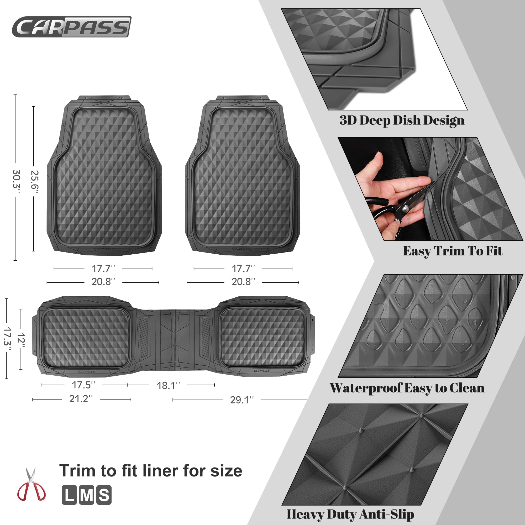 Car Pass Heavy Duty Charcoal Gray Rubber Car Floor Mats Univeraal Fit, Deep Dish All-Weather Floor Mat For Car, Waterproof Durab