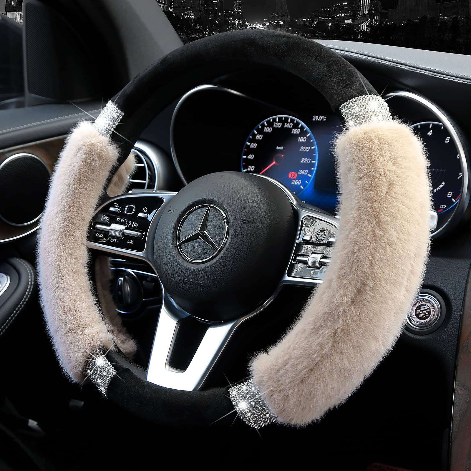 Achiou Rhinestone Fluffy Steering Wheel Cover - Comfortable Non-Slip Luxury Faux Wool, Universal Fit For 14.5 '' To 15 '' Steeri