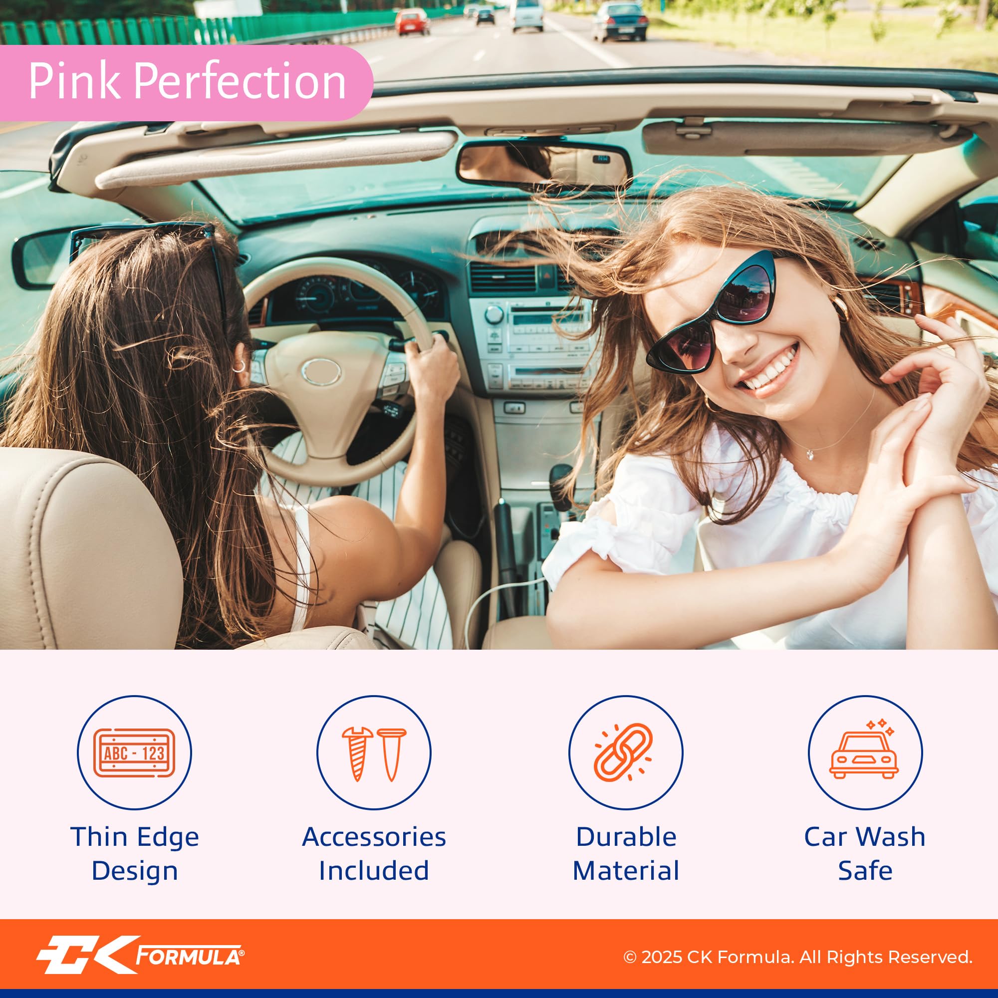 CK FORMULA Premium Baby Pink License Plate Frames 2-Pack, Rust-Proof Stainless Steel, Universal Slim Fit, Durable Car Accessories