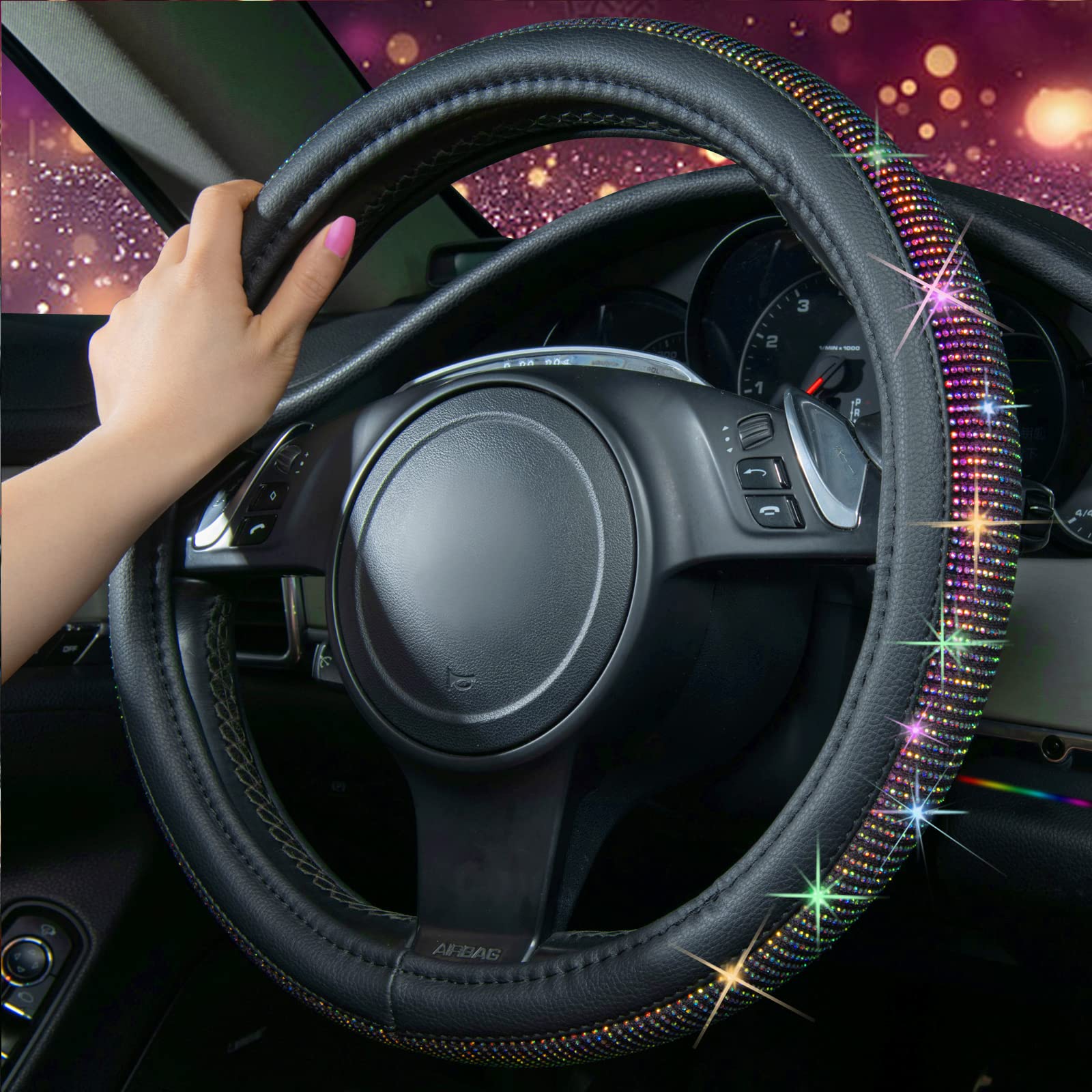 Car Pass Diamond Leather Steering Wheel Cover, With Bling Crystal Rhinestones Fit Suvs,Vans,Sedans,Cars,Trucks Universal Fit 14.