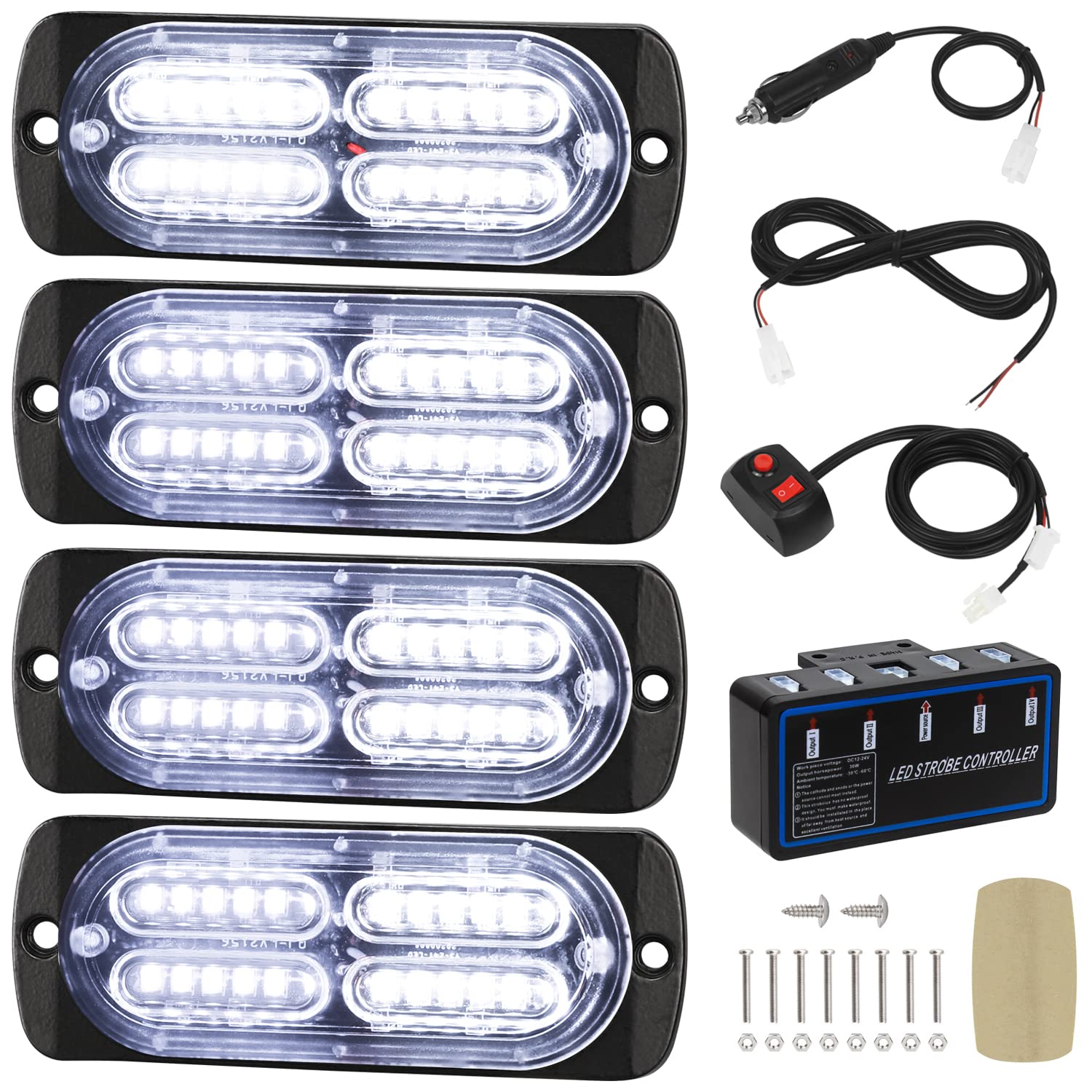 Linkitom 4Pcs Ultra Slim Sync Feature 24-Led Car Truck Surface Mount Emergency Hazard Warning Strobe Light (White)