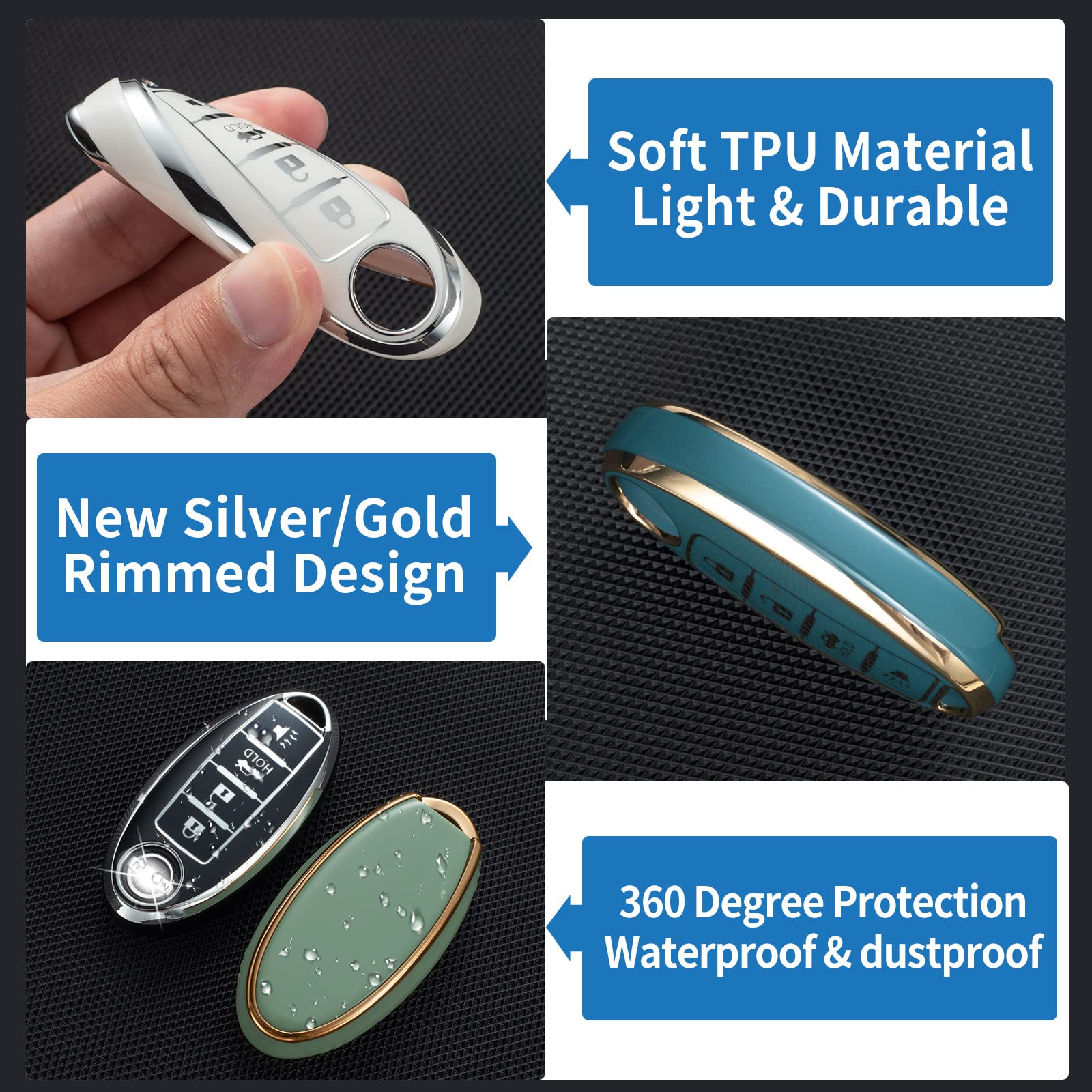 Chezenhui Compatible With Nissan Key Fob Cover With Leather Lanyard, Car Key Case Shell Protection For Nissan Altima Rogue Sentra Pathfinder Frontier Maxima Titan 4 Button Remote Smart Key,White