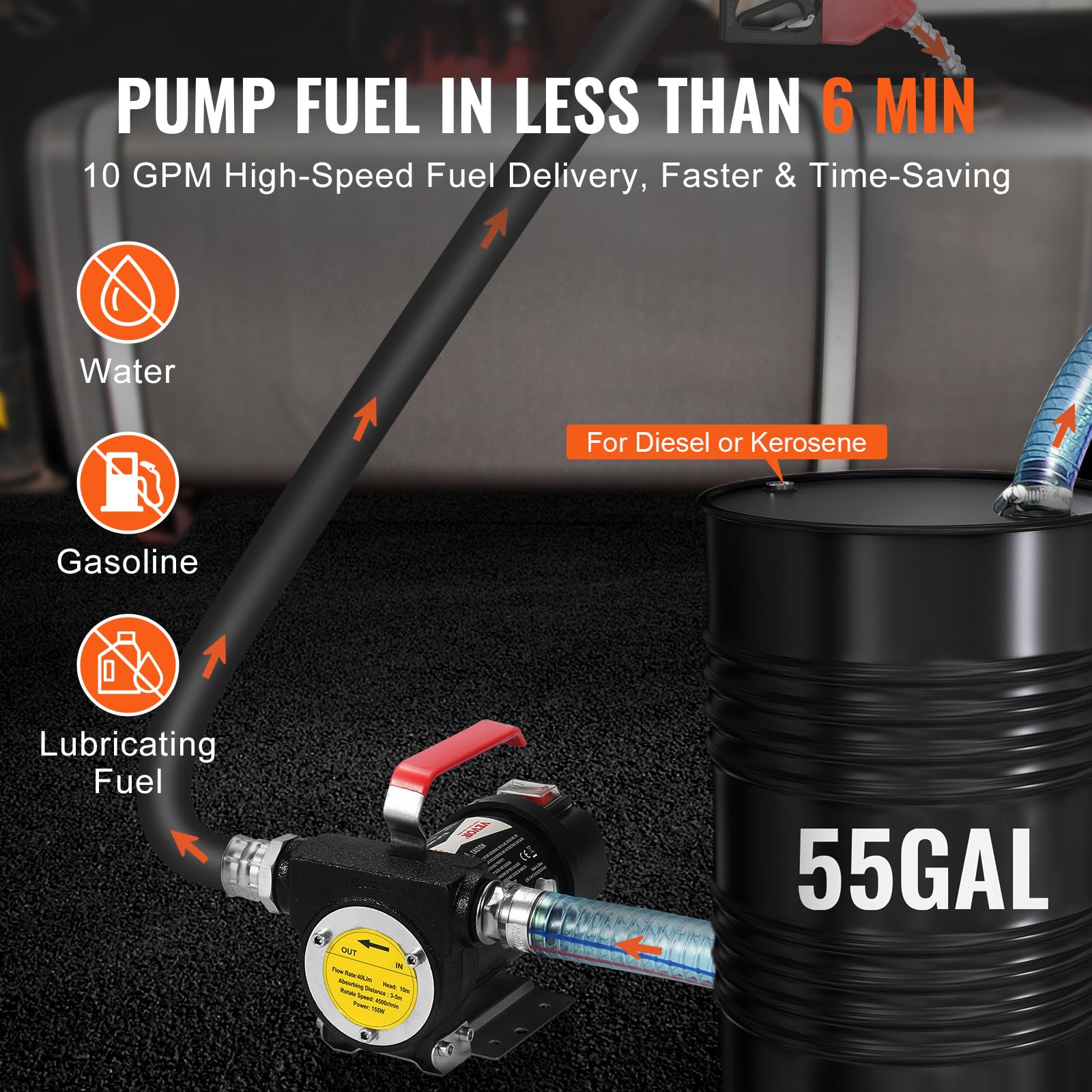 VEVOR Fuel Transfer Pump, 12V DC 10 GPM 1/4 HP, Portable Electric Diesel Transfer Pump with Automatic Shut-Off Fuel Nozzle, High