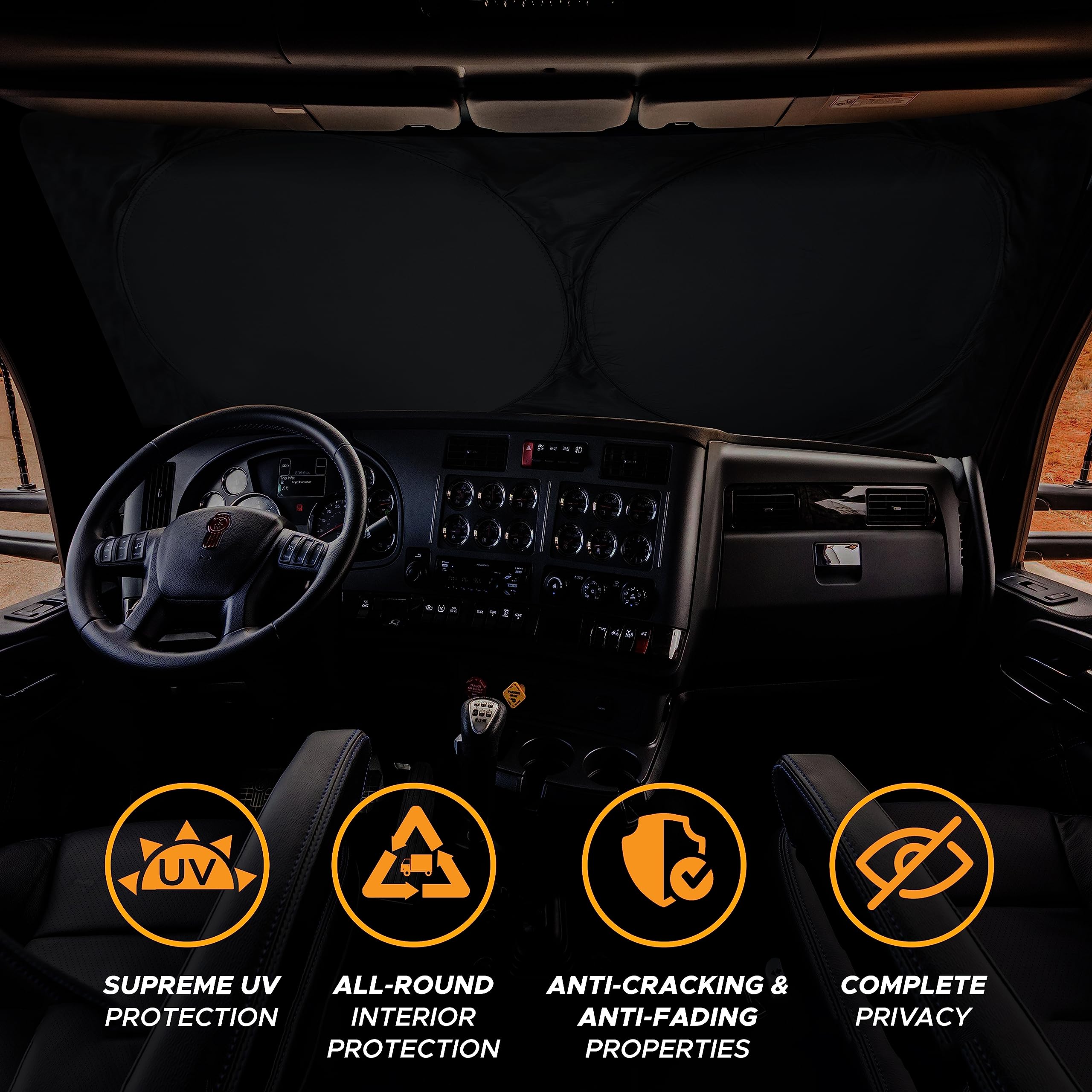 Econour Semi-Truck Sun Shade For Windshield (2 Ring) | 240T Uv Protective Sunshade For Truck Windshield Maximum Coverage To Bloc