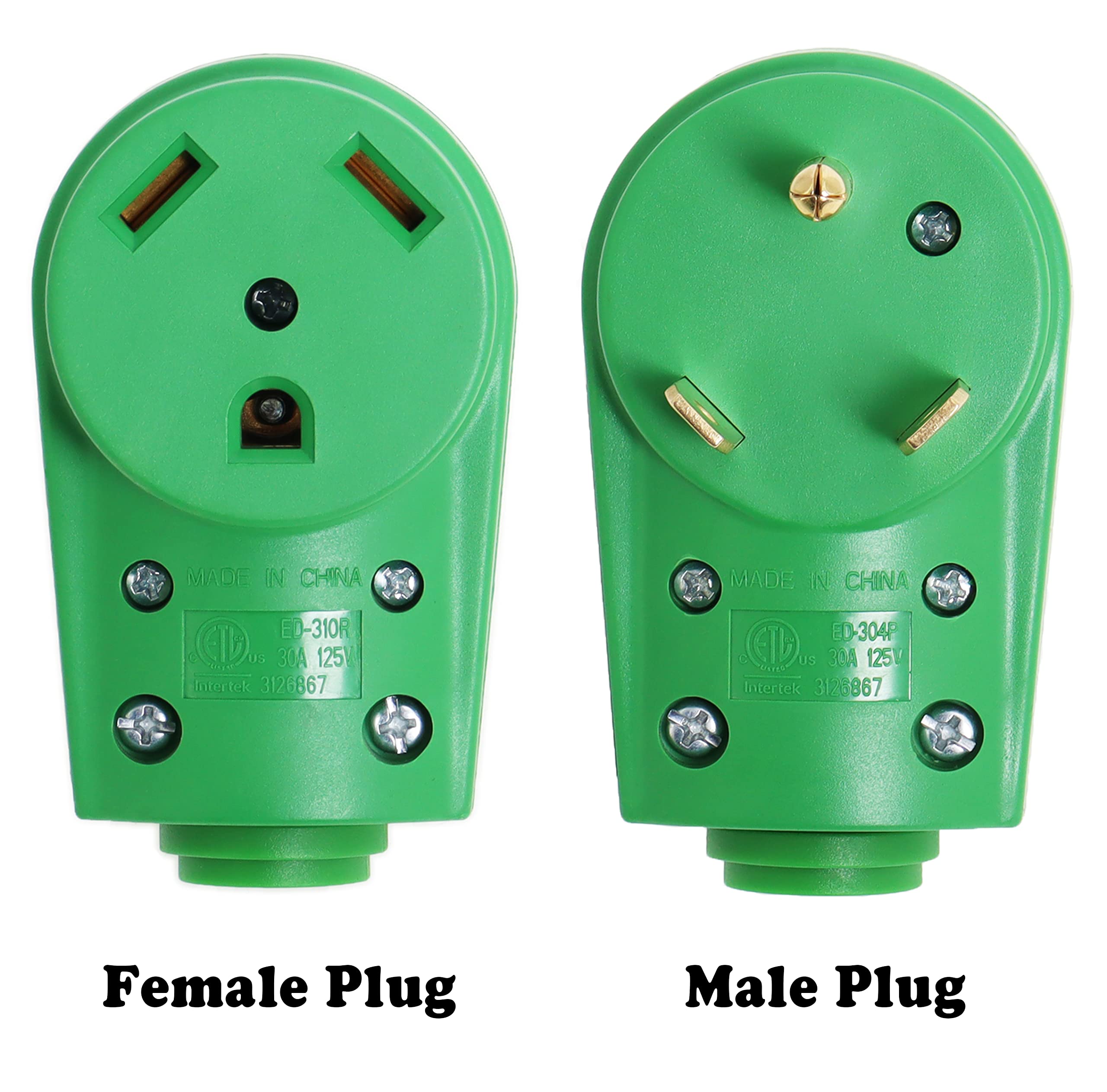 30 Amp Rv Male And Female Plug Set - Green Camper With Handle, Electrical Adapter Receptacle 55245