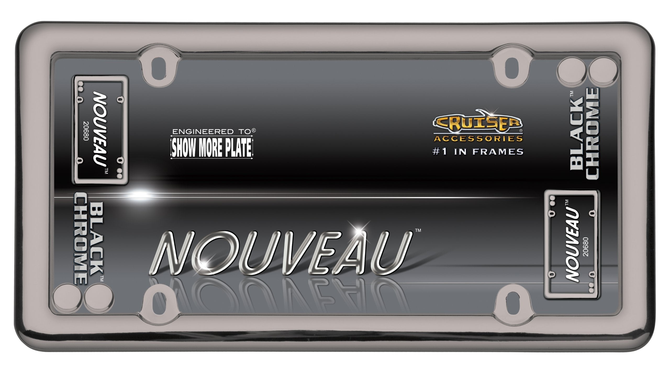 Cruiser Accessories 20680 Nouveau License Plate Frame, Black Chrome W/Fastener Caps