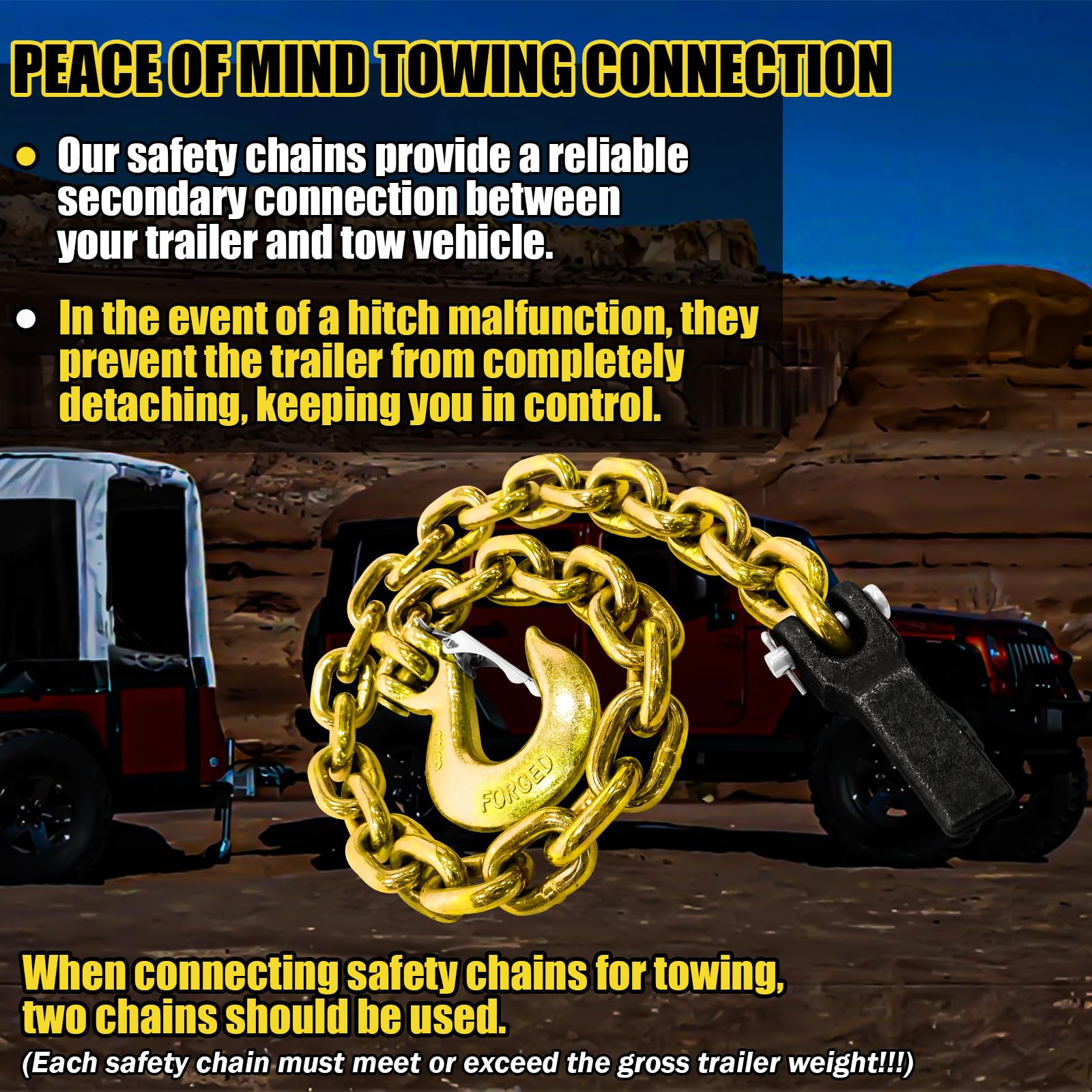Fithoist G80 Trailer Safety Tow Chain - 39 In, 3/8 In Clevis Snap Hook & Retainer, 2-Pack Hd, 25,000 Lbs Wll