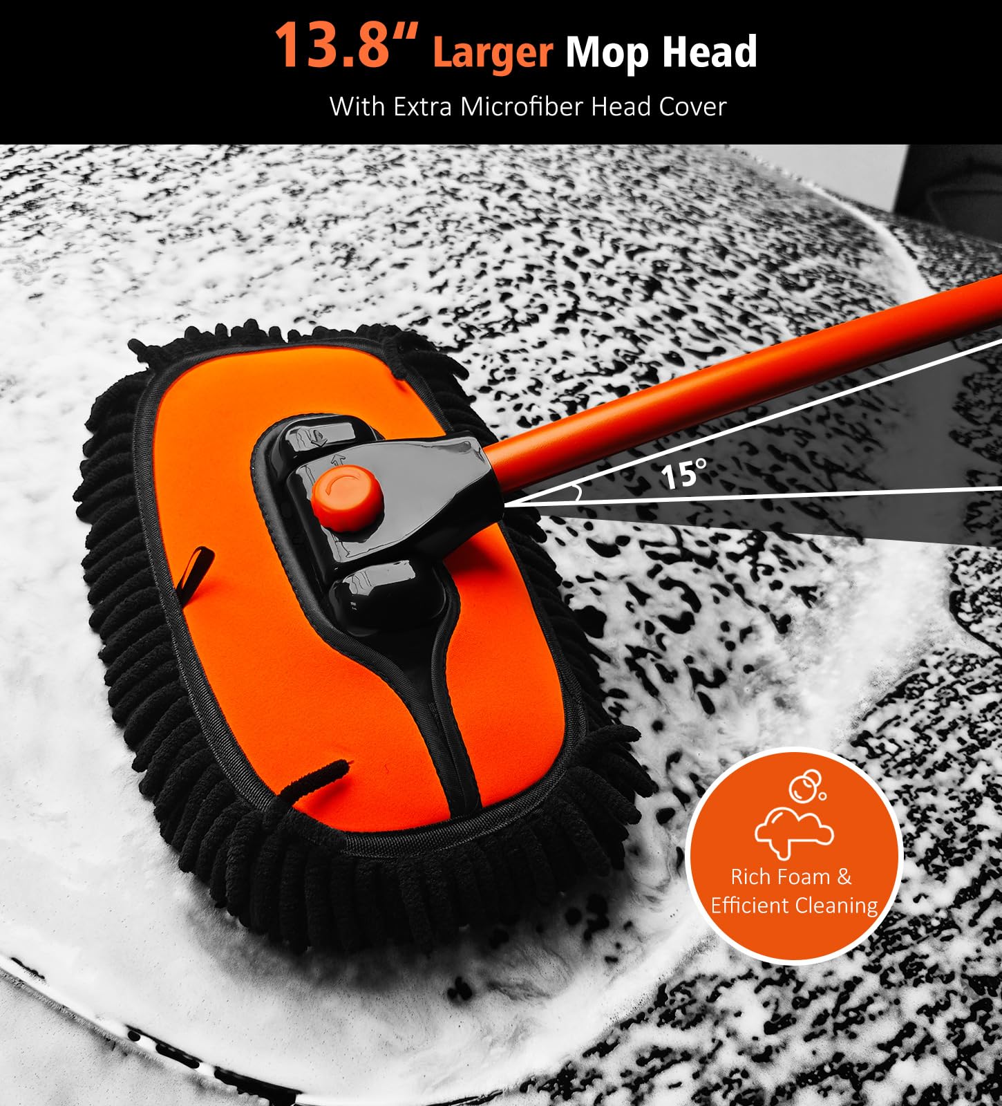 YeewayVeh Car Wash Brush, 43'' Extendable Car Wash Brush Mop with Long Handle, 15 Degree Curved Soft Car Washing Brushes with Ex