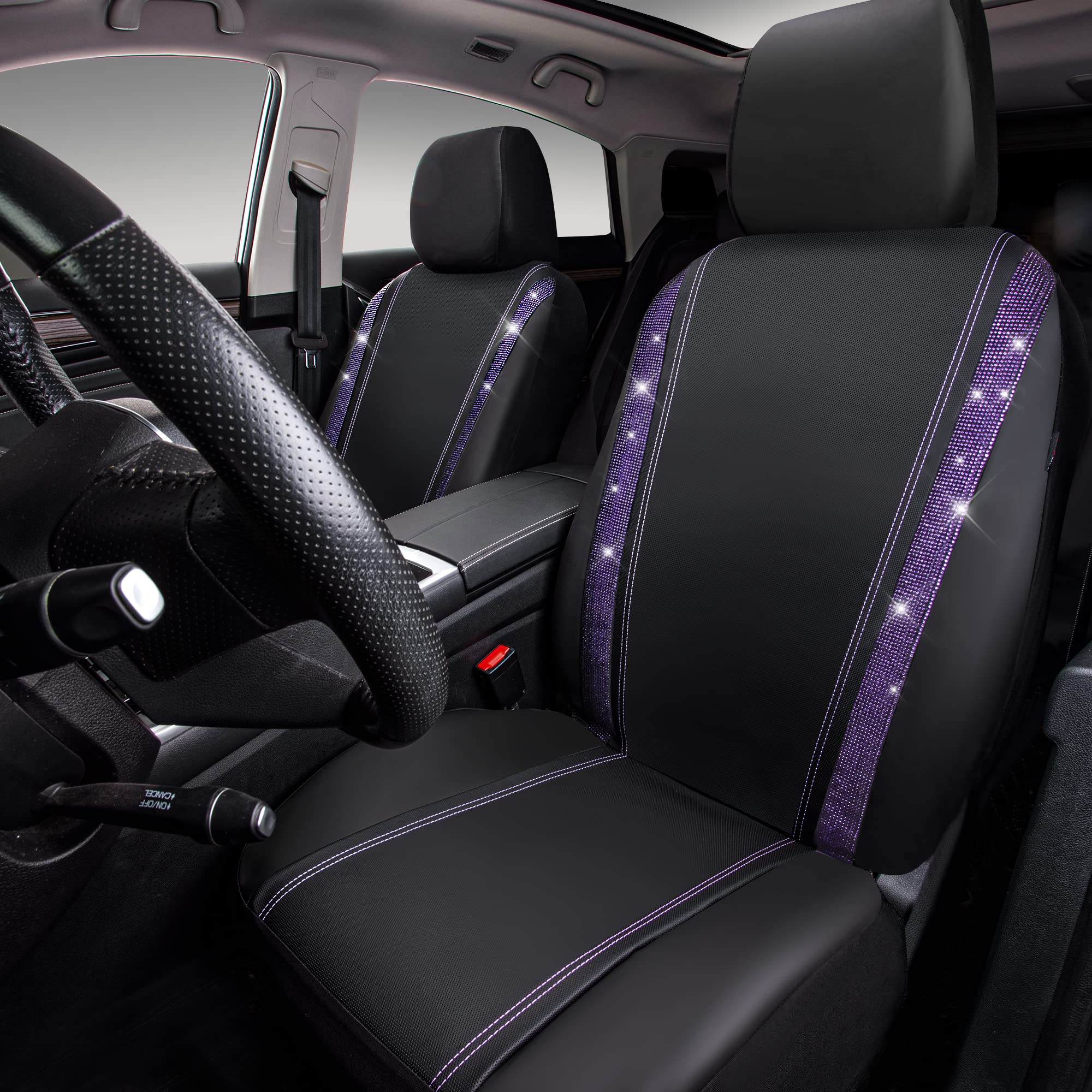CAR PASS Leather Diamond Bling Car Seat Cover 2 Front Interior Sets, Waterproof Universal Shining Glitter Crystal Sparkle Fit fo