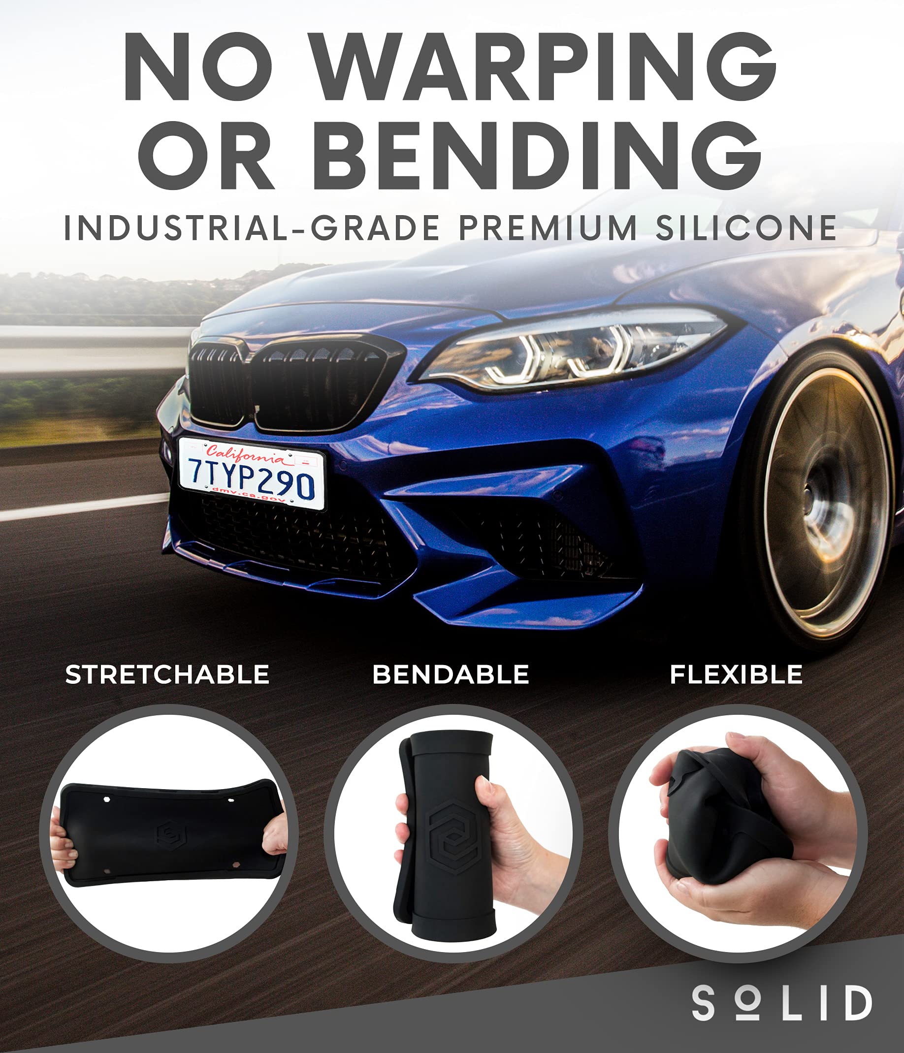 Silicone Black License Plate Frame Covers 2 Pack- Front And Back Car Plate Bracket Holders. Rust-Proof, Rattle-Proof, Weather-Pr