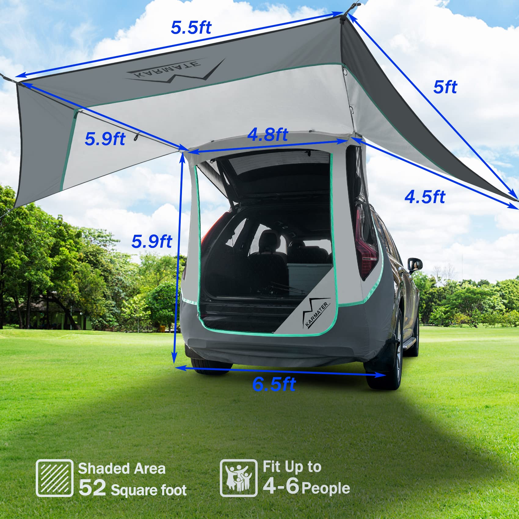 M Karmater Suv Tailgate Tent With Three Sides Awning Shade & Transmittance Mosquito Net, Hatchback Camping Sunproof Car Tent, Universal Suv Windproof Car Camping Gear Tent Outdoor Travel.