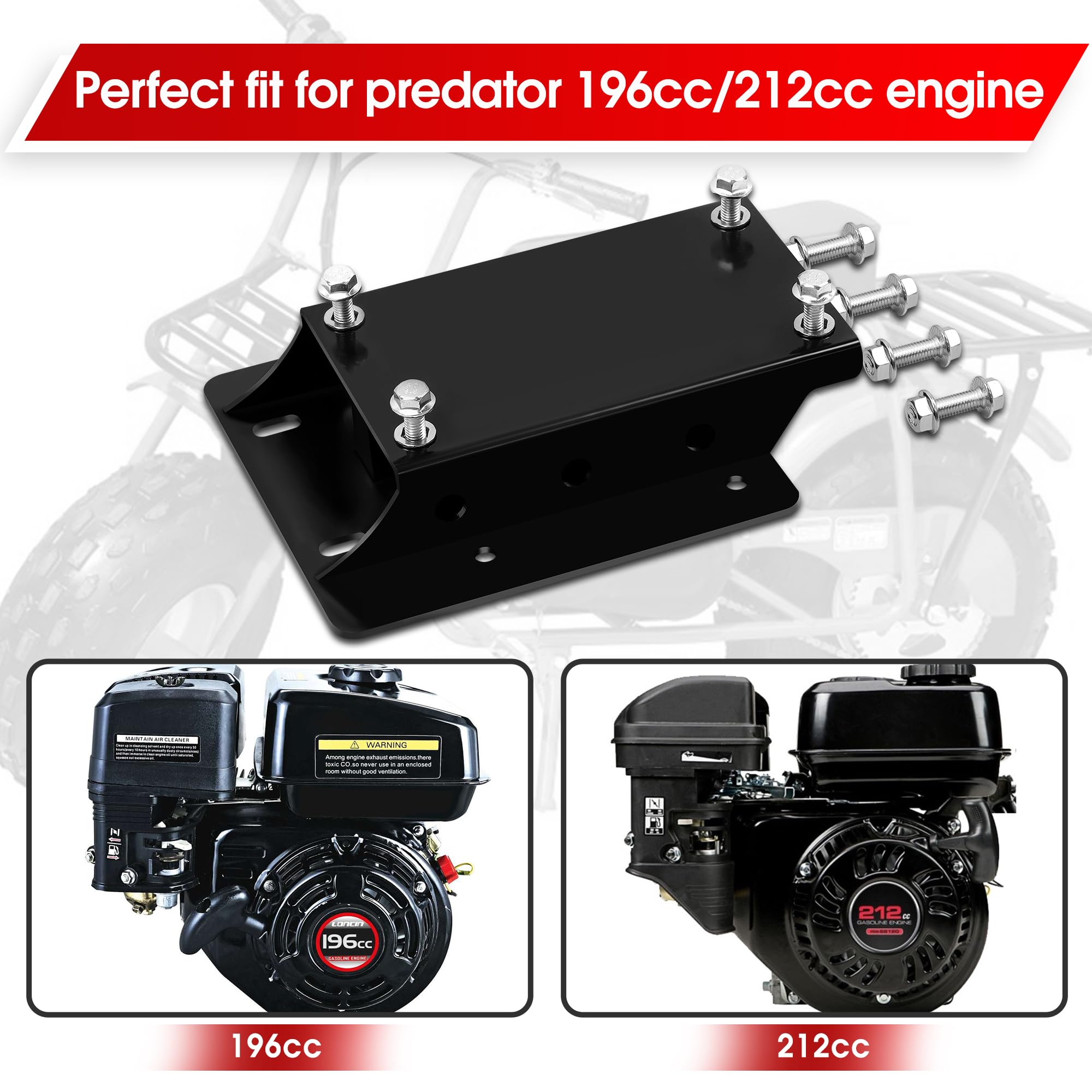 Torque Converter Motor Riser Plate Mount for Predator 196cc / 212cc Engine on Coleman Mini Bikes, Black - 1 3/4 Inch Lift