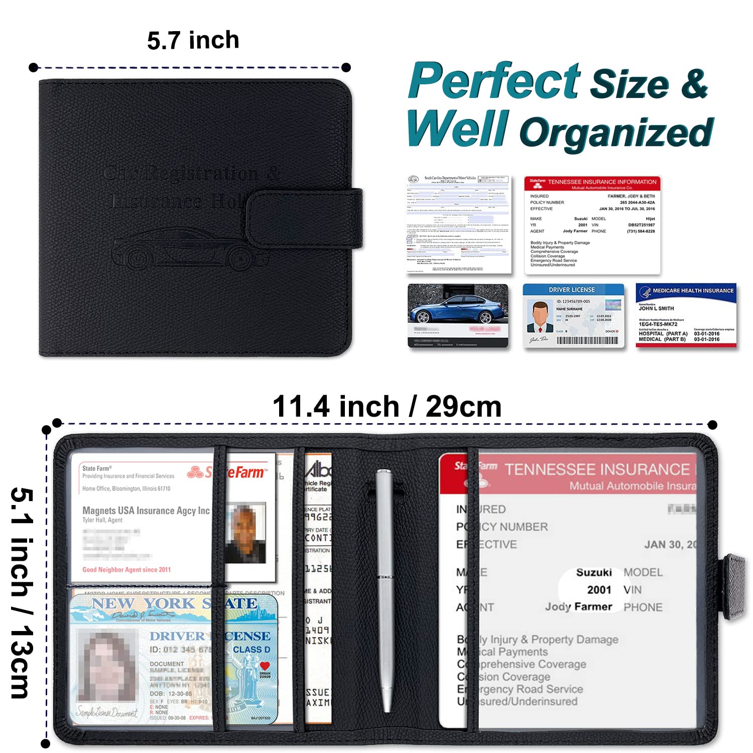 Yaviv Car Registration And Insurance Holder, Premium Leather Car Document Organizer Cool Car Accessories For Cards, Essential Document And Driver License, Black-1